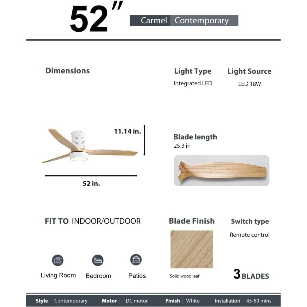 52" Ceiling Fan with Lights Remote Control,Quiet DC Motor 3 Blade Ceiling Fans 6 Speed Levels,Reversible Ceiling Fan, for Patio Living Room, Bedroom, Office,Indoor.(Matte Black +Black Walnut ) - Image 27