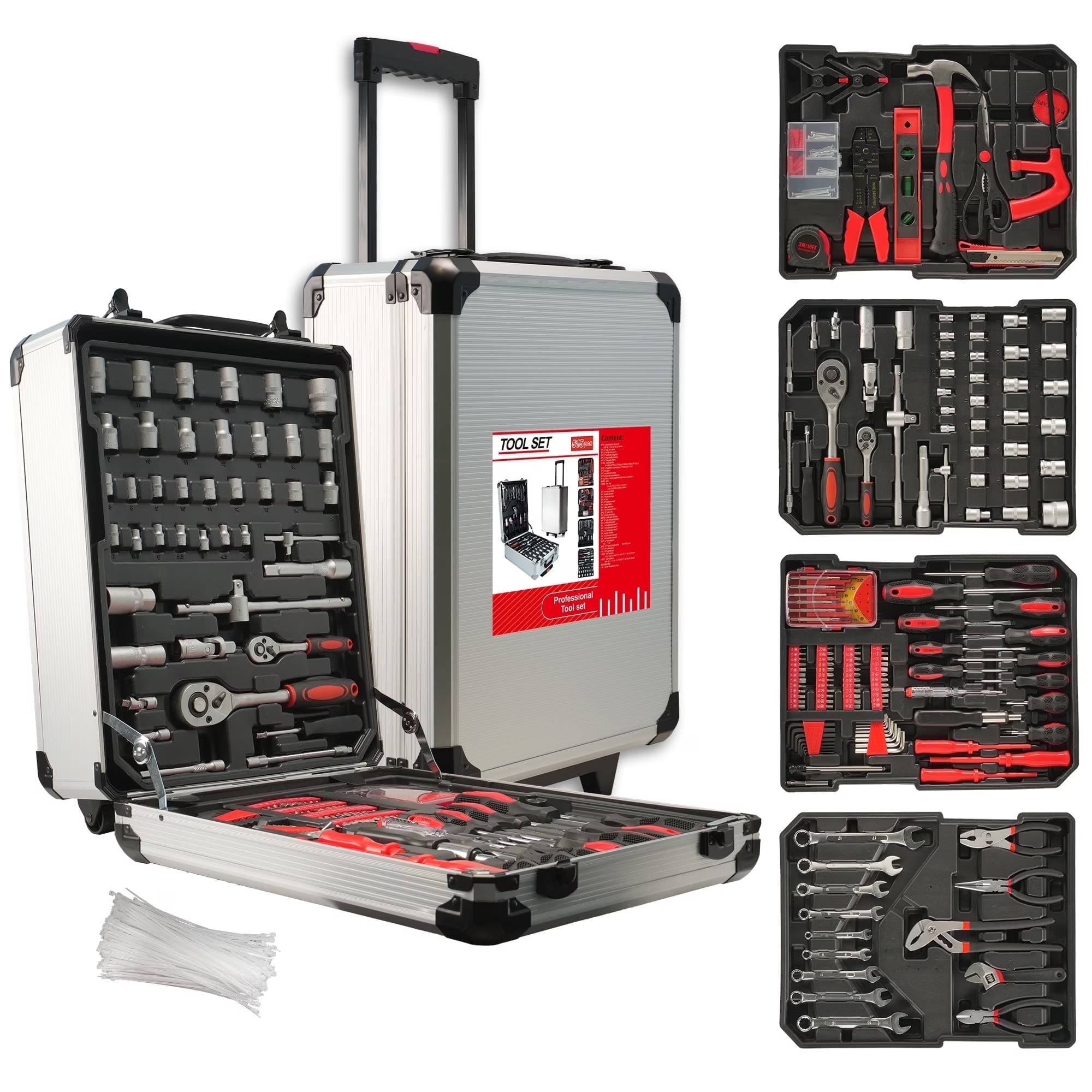 515-Piece Tool Set with Rolling Toolbox, Aluminum Trolley Case for Home, DIY Projects, Garden & General Maintenance