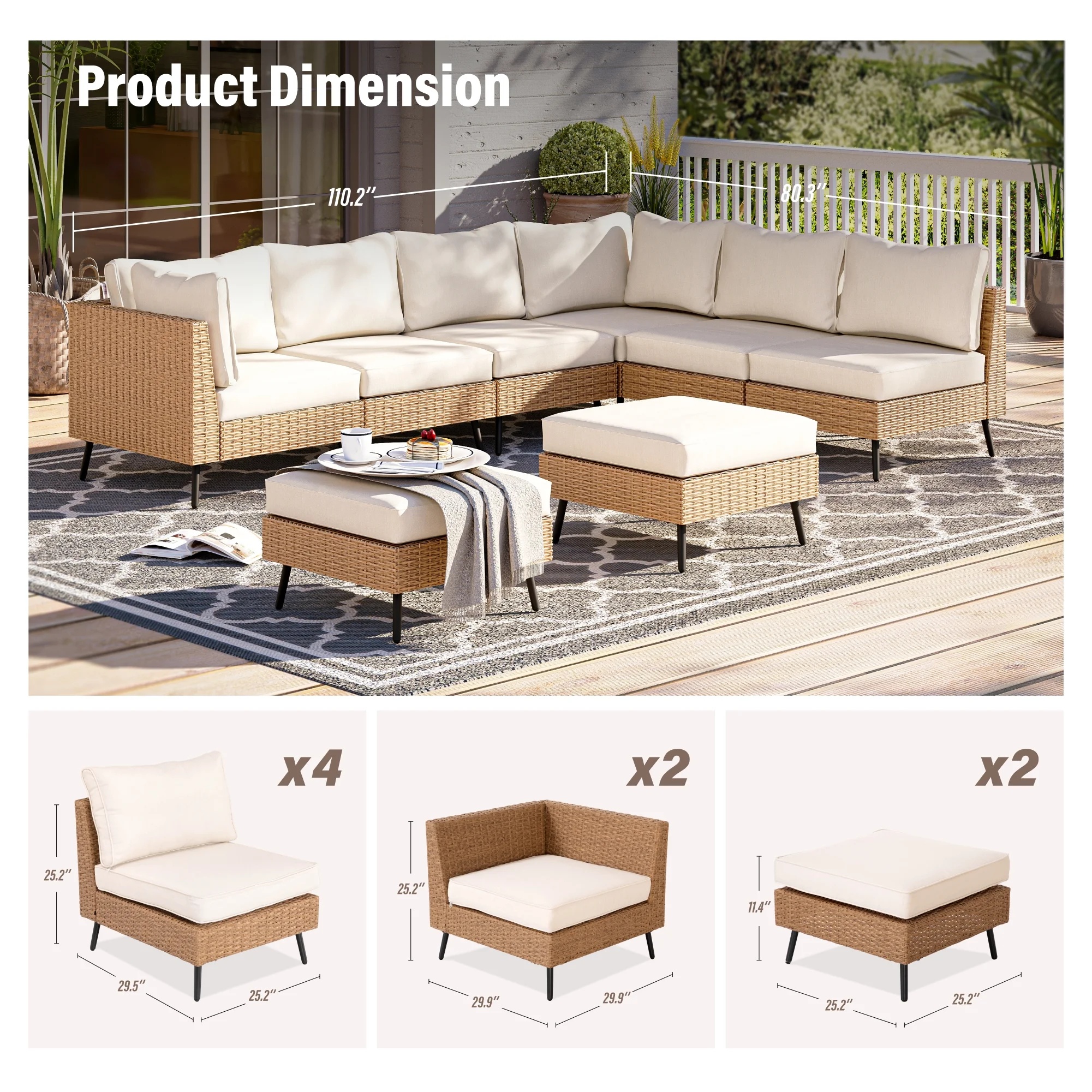 LAUSAINT HOME 6 Pieces Outdoor Furniture Set, Patio Rattan Wicker Sectionals with 4 Chairs and 2 Ottomans, Beige Cushions - Image 15