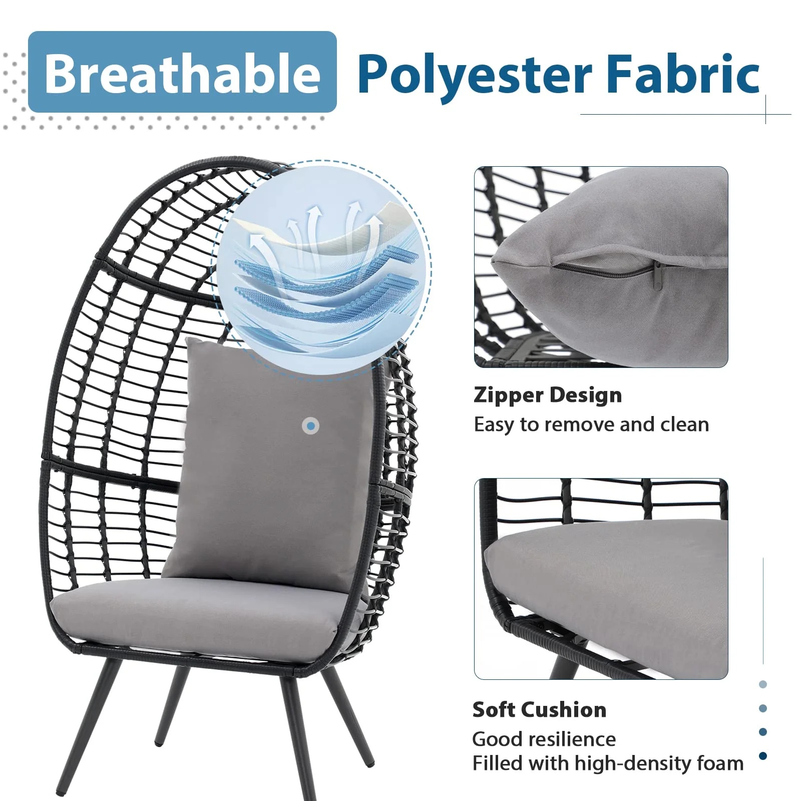 Indoor Outdoor Swing Egg Chair with Stand, Patio Foldable Grey Wicker Rattan Hanging Chair with Cushion, Light Gray - Image 24
