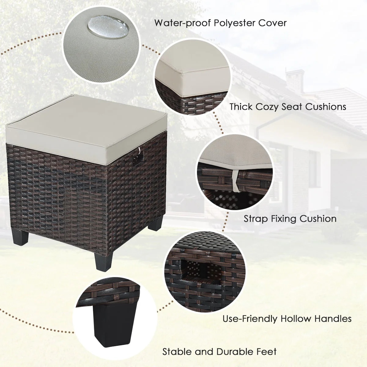 Gymax Set of 2 Patio Rattan Ottoman Footrest Garden Outdoor w/ Brown Cushion - Image 10