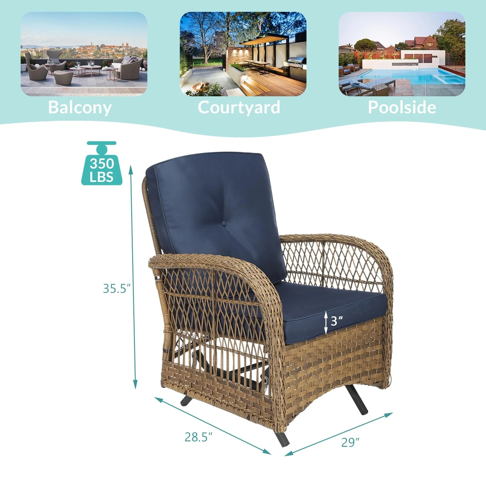 MEETWARM Patio Wicker Rocking Glider Set, All-Weather Outdoor Rattan Patio Rocking Chairs of 2, Patio Conversation Set with Thickened Cushions for Porch Garden & Backyard, Navy Blue - Image 9