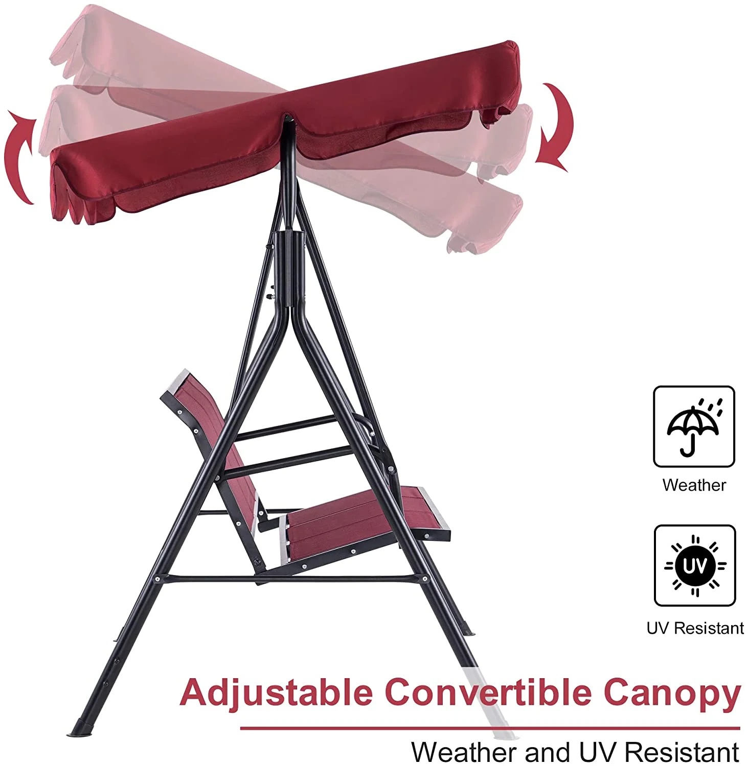 Mcombo Outdoor 3 Person Patio Canopy Swing Chair, Porch Swing, Burgundy - Image 6