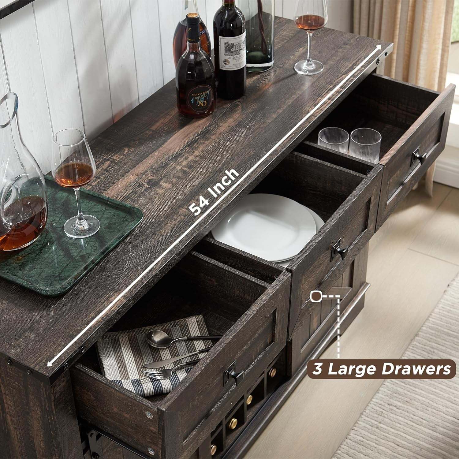 OKD Wood Farmhouse Coffee Bar Cabinet, 54" Kitchen Buffet Sideboard Furniture with Barn Door and Drawer Storage, Dark Rustic Oak - Image 7