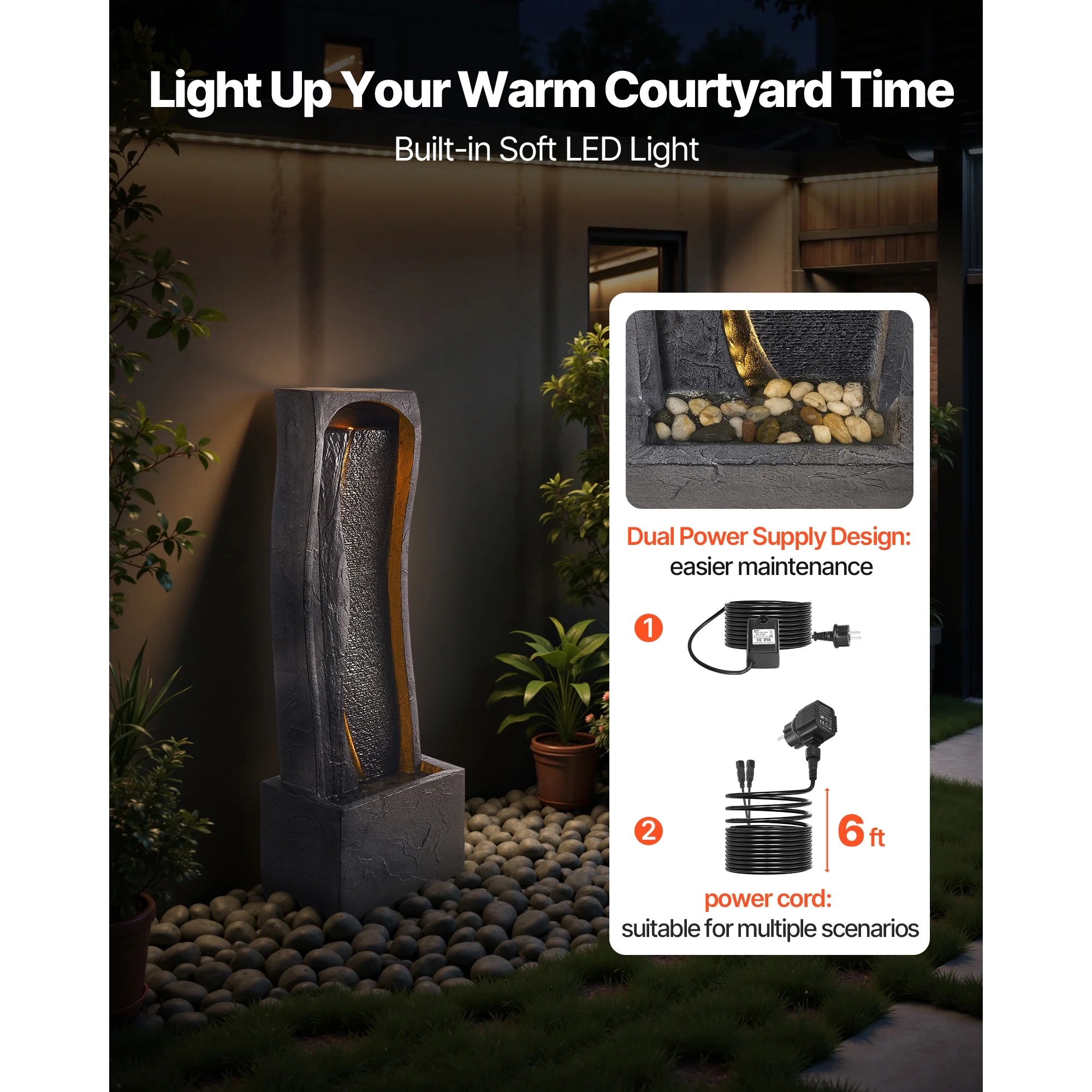 KFFKFF Outdoor Water Fountain, 38.58-Inch Tall with LED Light and Pump, 1-Tier Floor Standing Rock Base Design for Garden, Home, Patio, and Backyard Use - Image 6