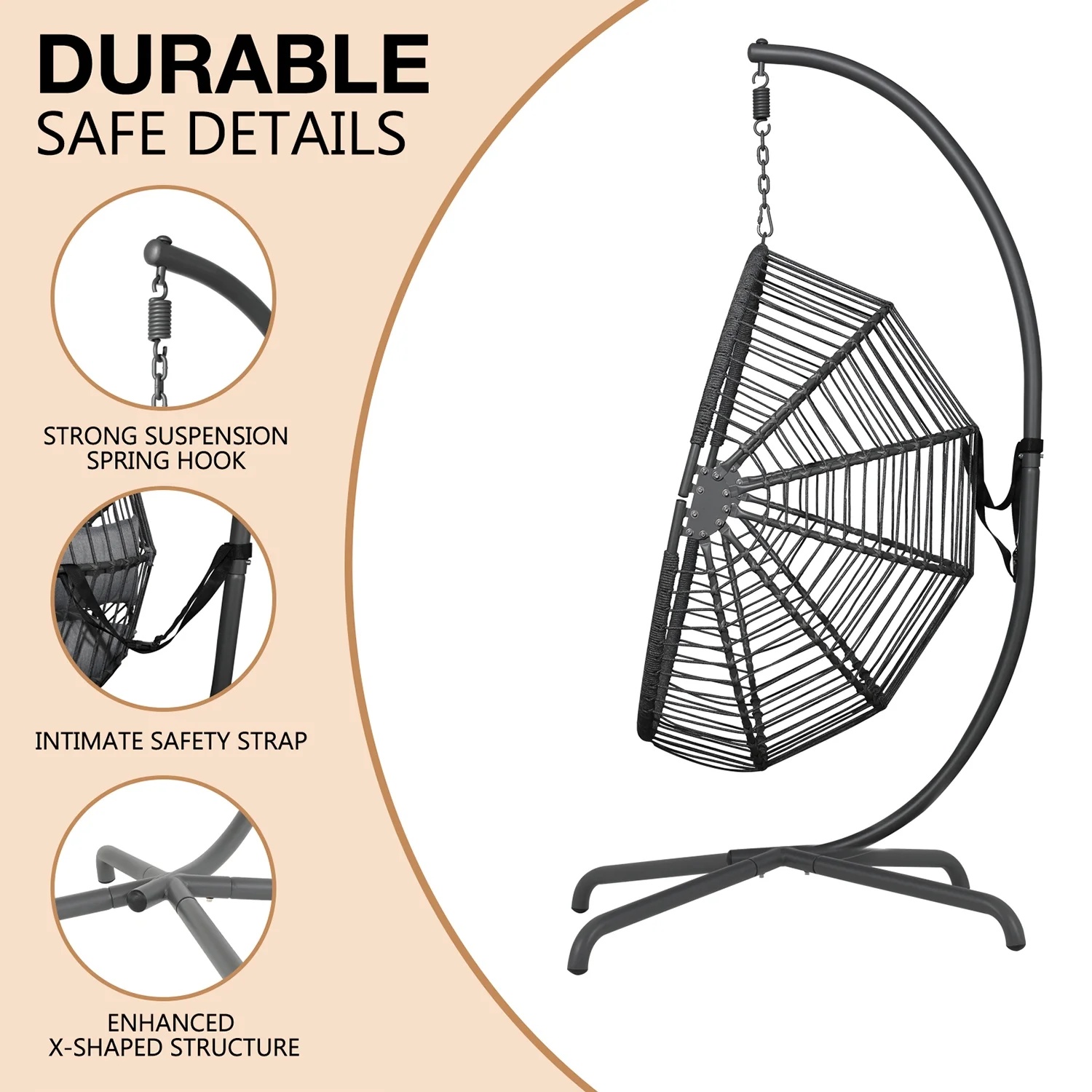 Indoor Outdoor Swing Egg Chair with Stand, Patio Foldable Grey Wicker Rattan Hanging Chair with Cushion, Light Gray - Image 15