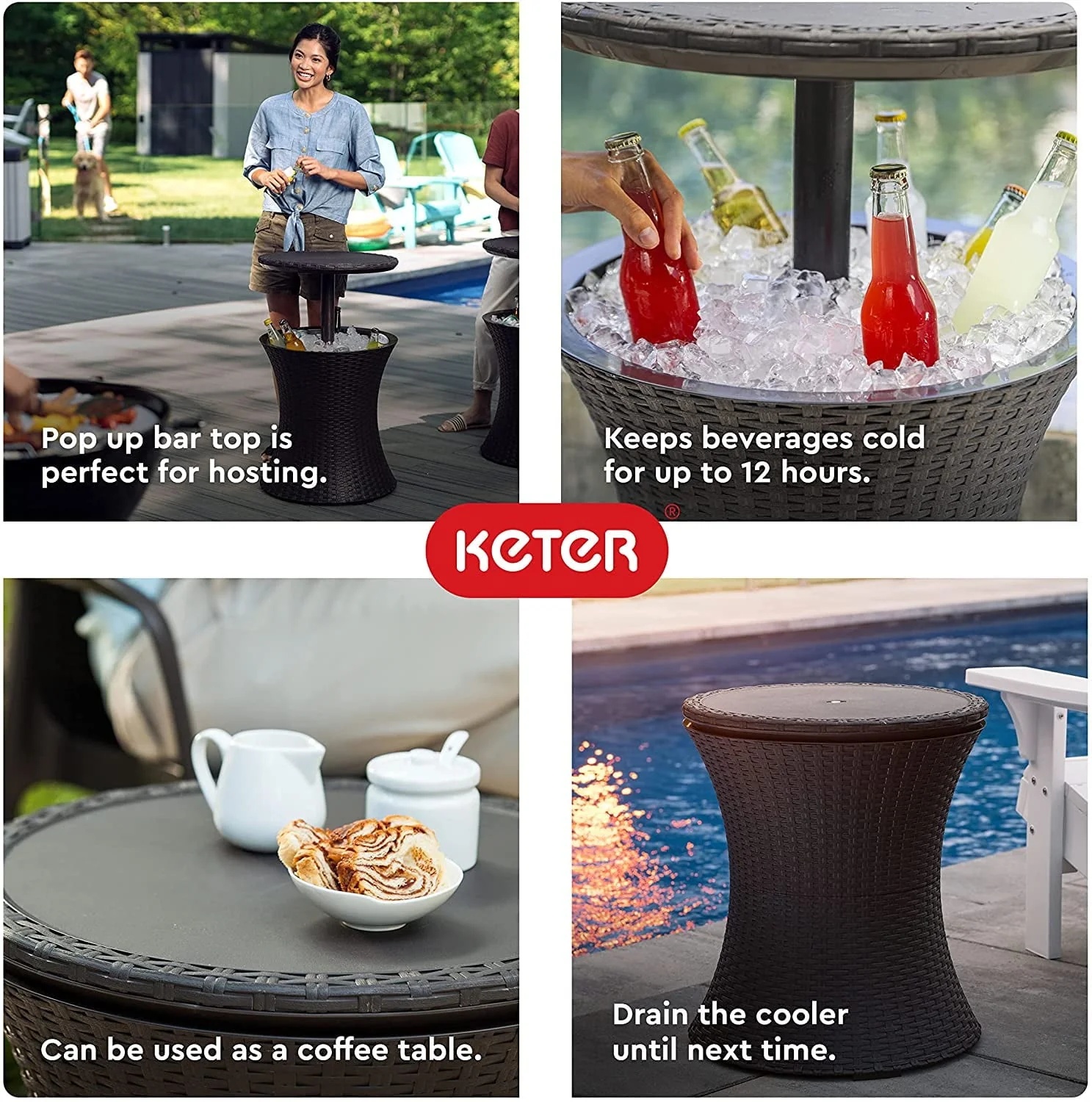 Keter Pacific 7.5 Gallon Cool Bar , Resin Outdoor Patio Beverage Cooler Table, Extra Storage, Rattan Look Brown - Image 5