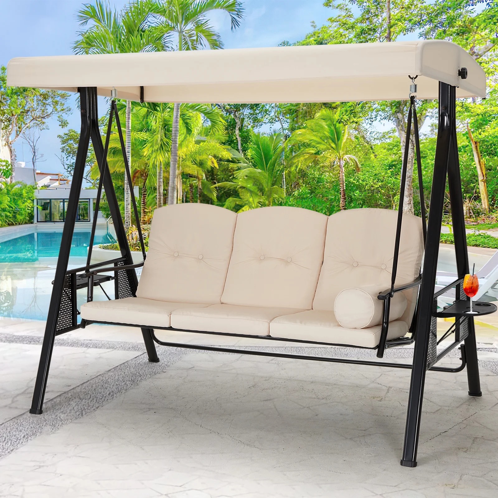 AECOJOY 3 Persons Outdoor Patio Canopy Steel Porch Swing Chair-Beige, Porch Swing - Image 11
