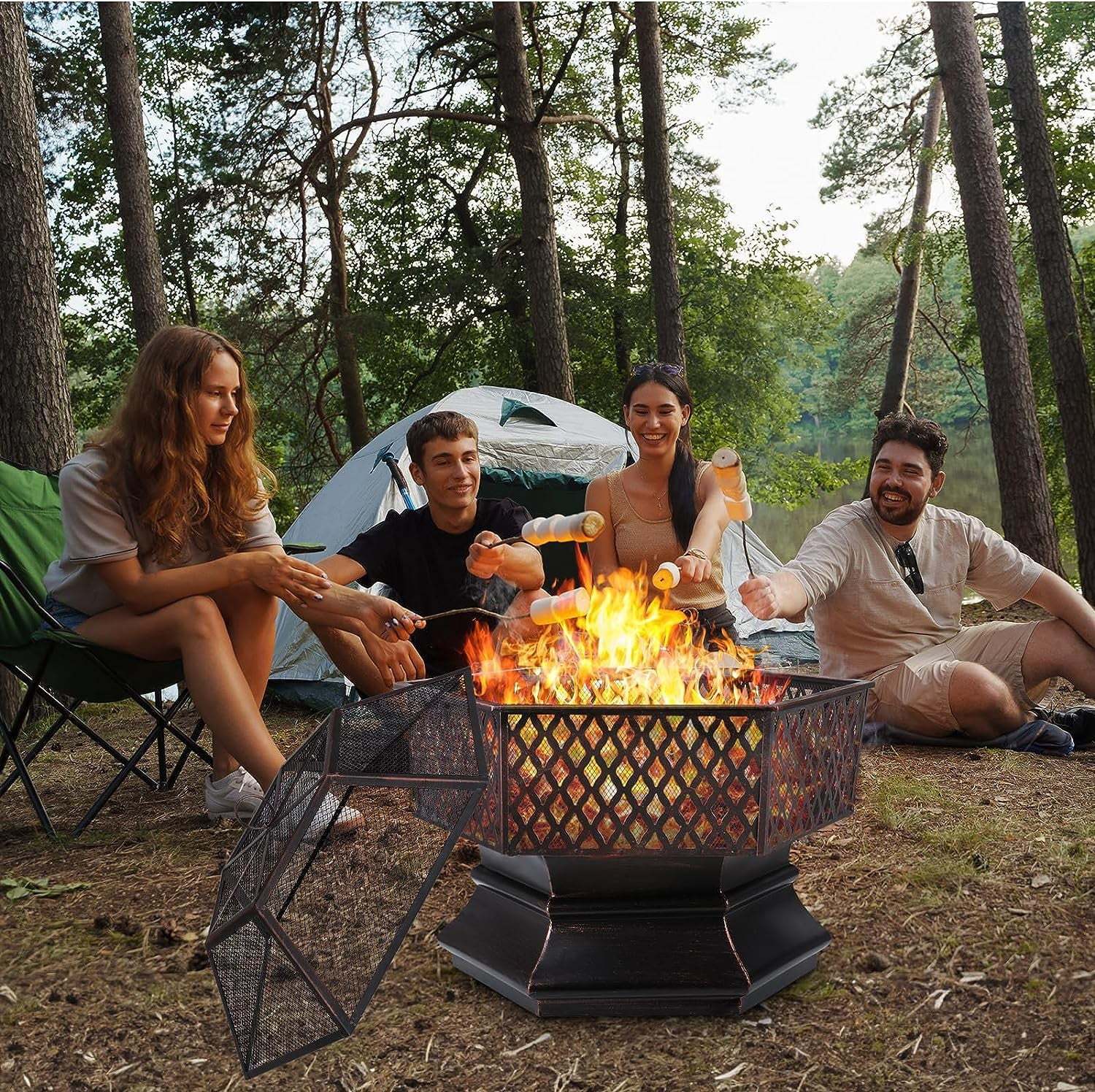 Arlopu 30'' Hex Shaped Steel Fire Pit for Outside, Wood Burning Fireplace Fire Bowl with Spark Screen & Fire Poker for Patio, Backyard, Camping - Image 7