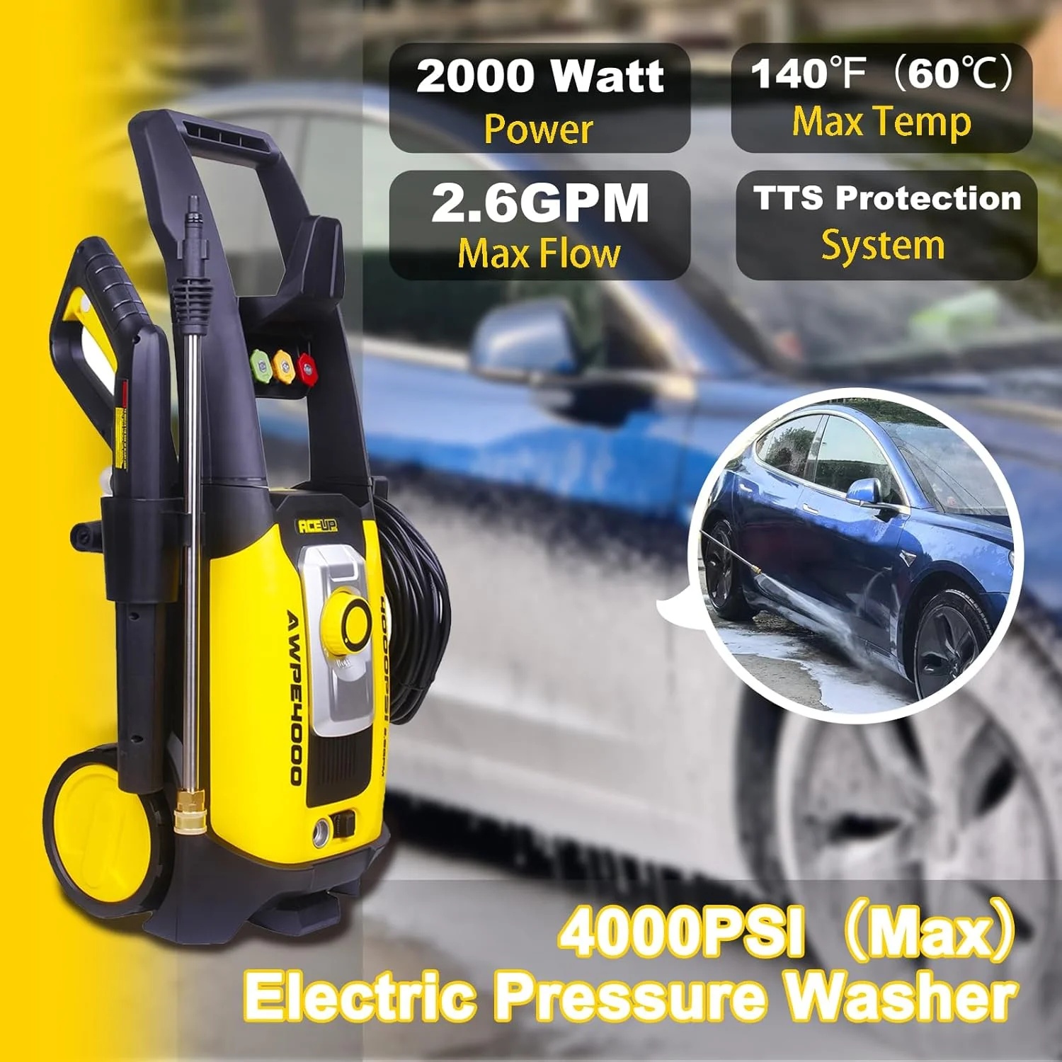 Aceup Energy 4000 PSI 2.6GPM Portable Electric Pressure Washer for Cars Fences Patios Driveways, Lightweight - Image 7
