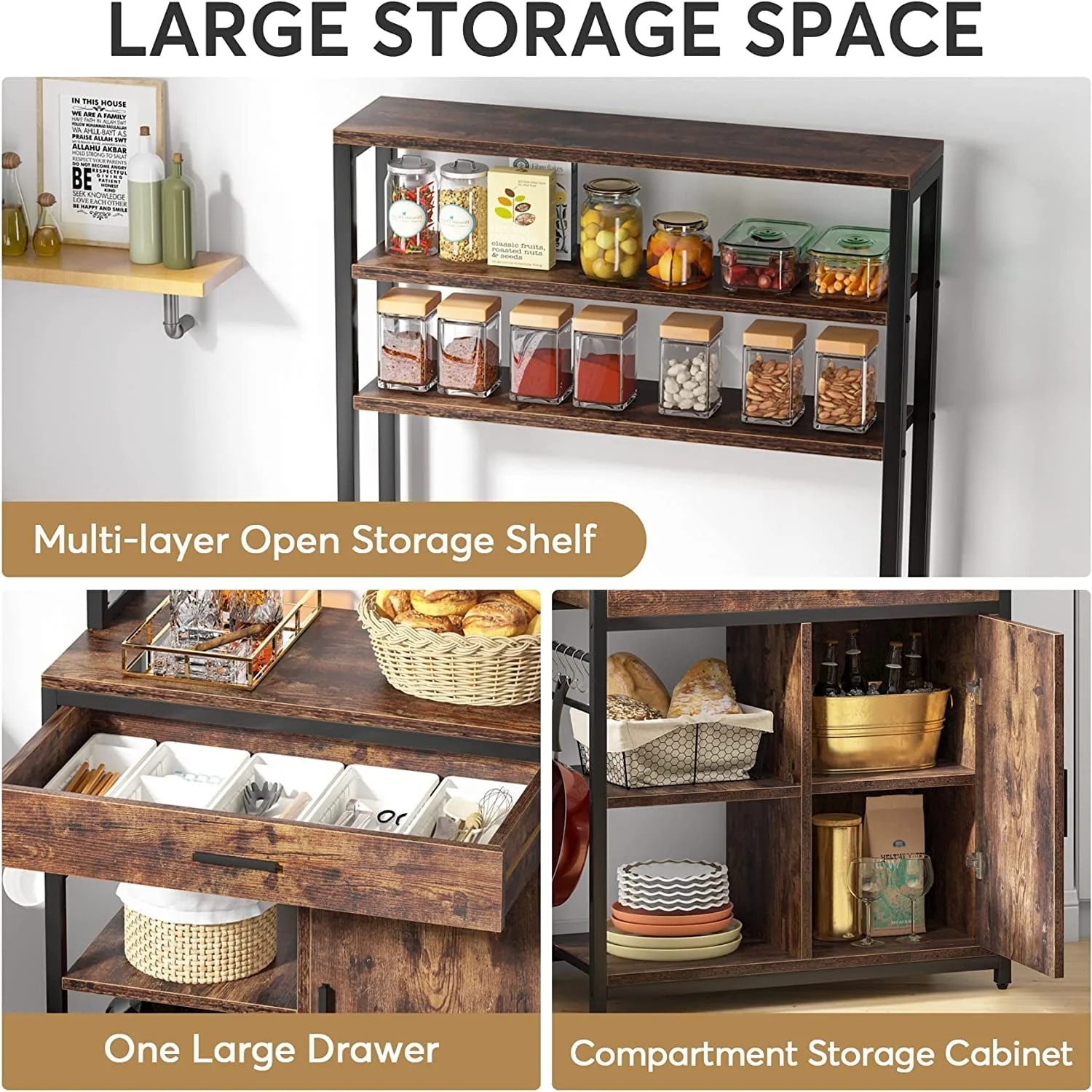 Tribesigns Bakers Racks for Kitchens with Cabinet, Large Capacity Microwave Stand with Drawers,6-Tier Kitchen Utility Storage Shelf with Hooks, Free Standing Kitchen Shelf Cabinets, Vintage Brown - Image 6