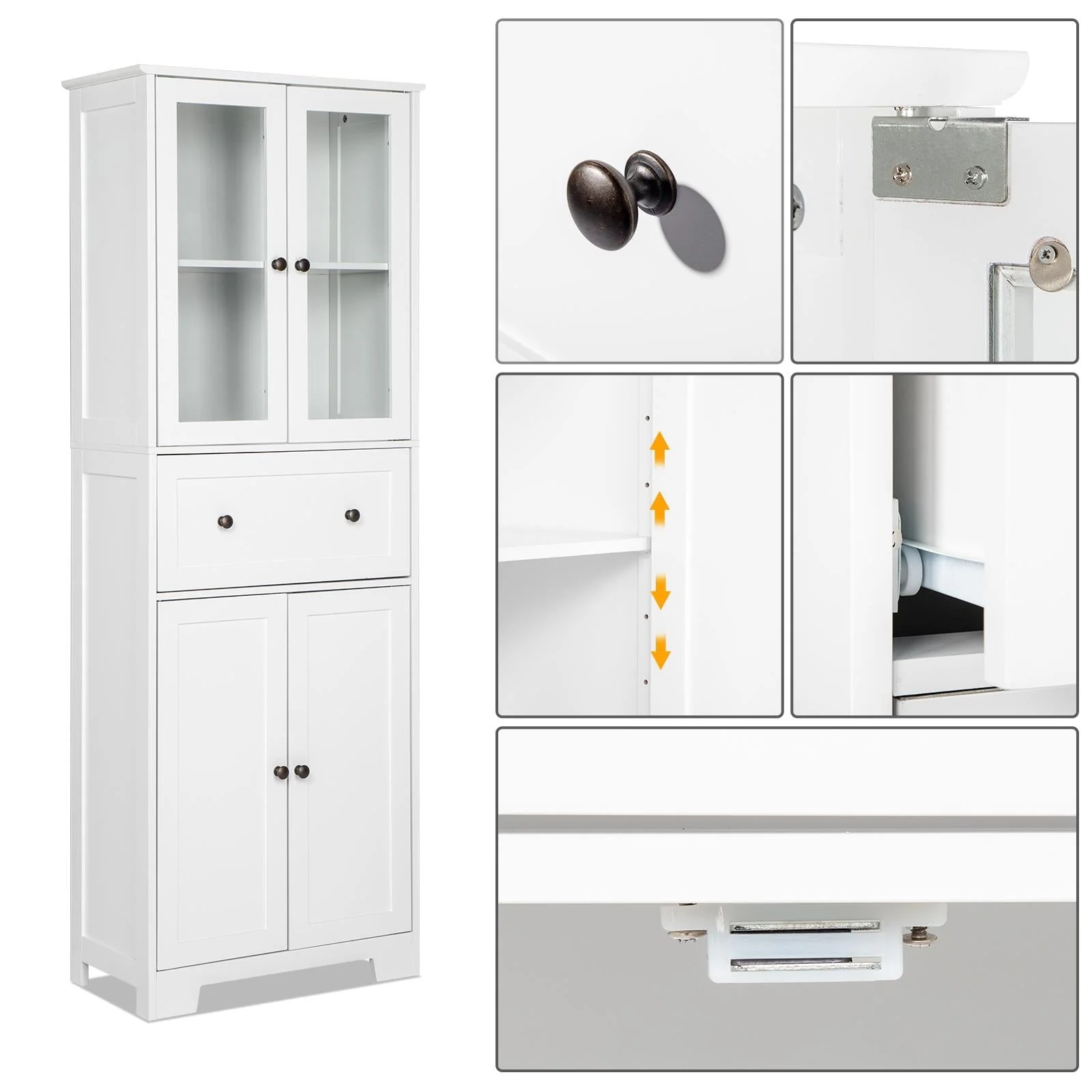 Ktaxon 64" Tall Bathroom Storage Cabinet Organizer, Freestanding Kitchen Pantry Cabinet Line Tower with 2 Glass Doors, Large Drawer & 4 Adjustable Shelves for Dining Room Living Room Home Office,White - Image 9