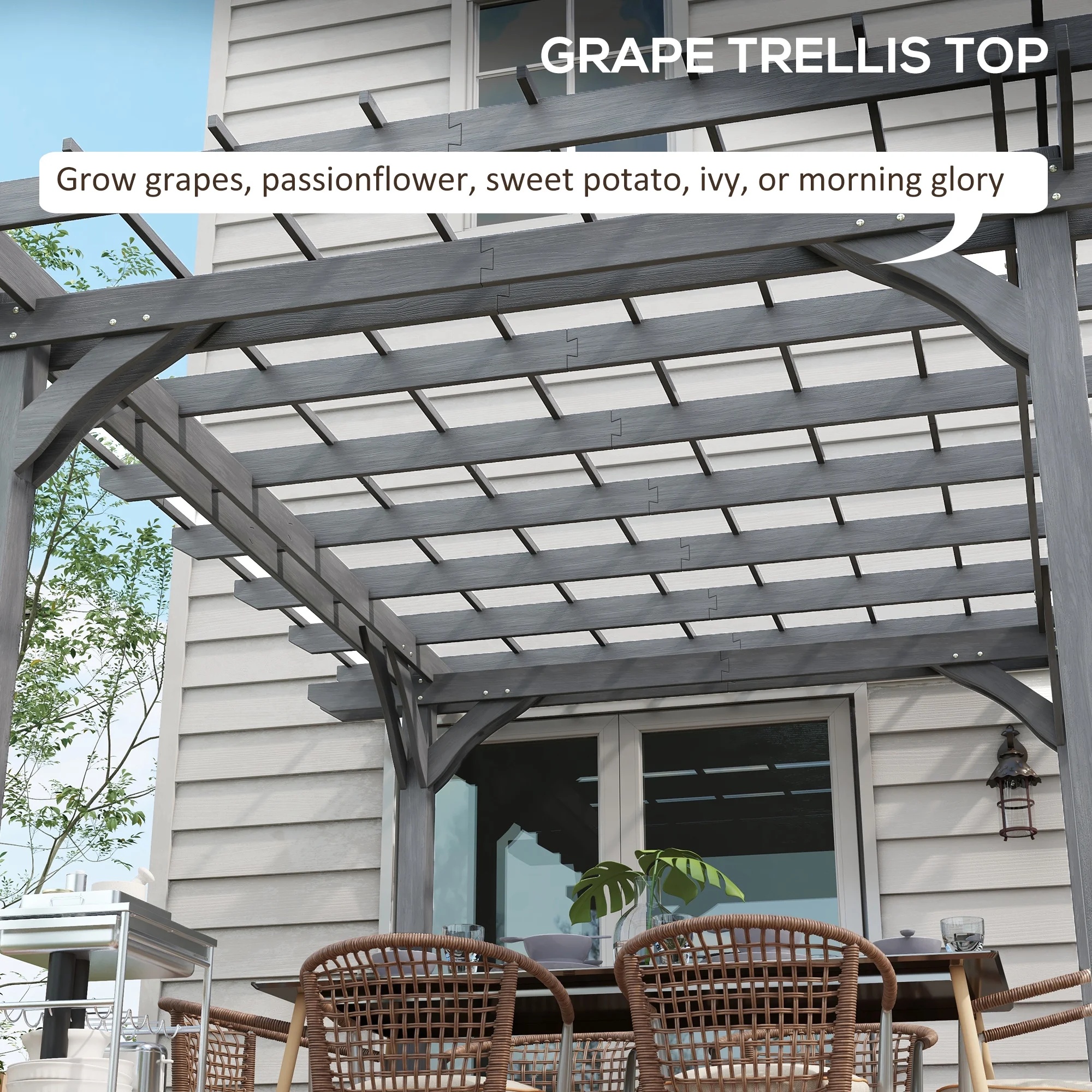 Outsunny 12' x 10' Wooden Pergola Grape Trellis, Outdoor Gazebo for Garden, Patio, Backyard, Deck, Gray - Image 5