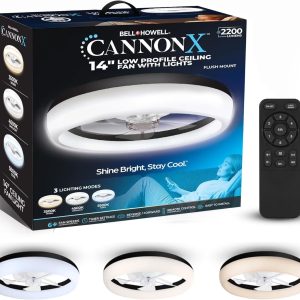 CannonX 14- Low Profile Ceiling Fans with Lights and Remote, Modern Fandelier Ceiling Fan with Light, 6 Speeds, 3 Lighting Modes 3500K-5500K, Flush Mount for Bedroom, LED 2200 Lumens