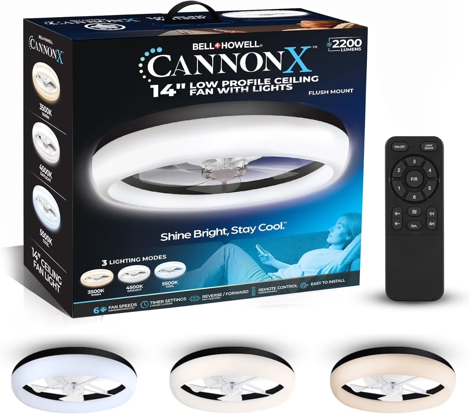 CannonX 14- Low Profile Ceiling Fans with Lights and Remote, Modern Fandelier Ceiling Fan with Light, 6 Speeds, 3 Lighting Modes 3500K-5500K, Flush Mount for Bedroom, LED 2200 Lumens
