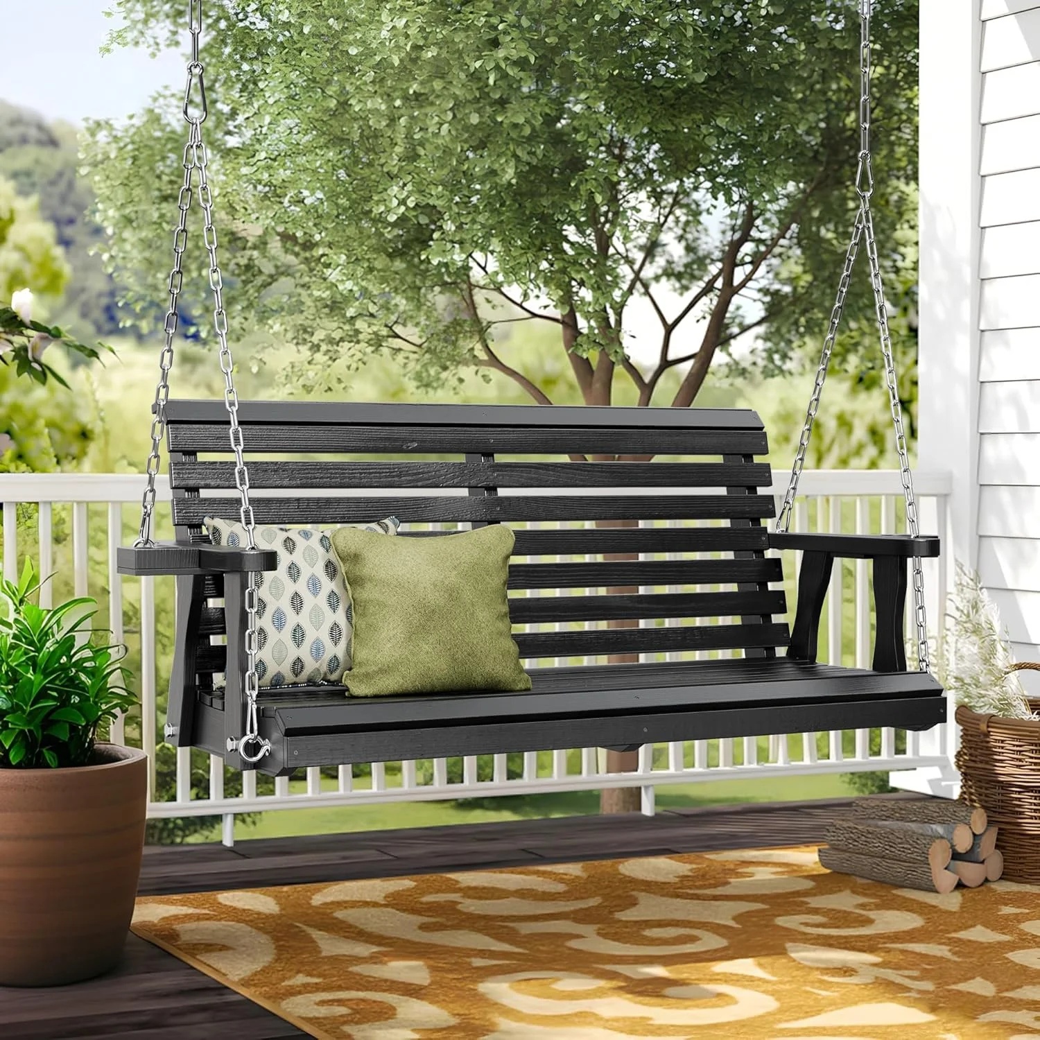 SOLAURA 2 Seat Outdoor Wooden Porch Swing with Cup Holders, Hanging Patio Swing with Hanging Chains, Swing Bench Chair for Backyard Garden Balcony, 440lbs Weight Capacity, Brown - Image 27