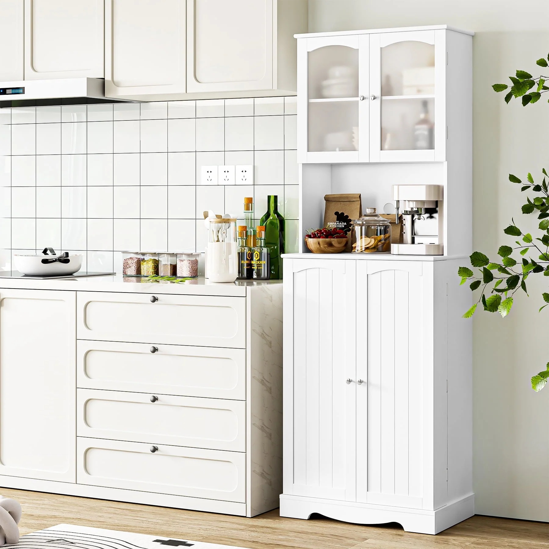 Homfa 71'' 4 Doors Kitchen Pantry Cabinet, Tall Pantry Storage Cabinet with Adjustable Shelves, Microwave Cabinet for Dining Room, White - Image 3