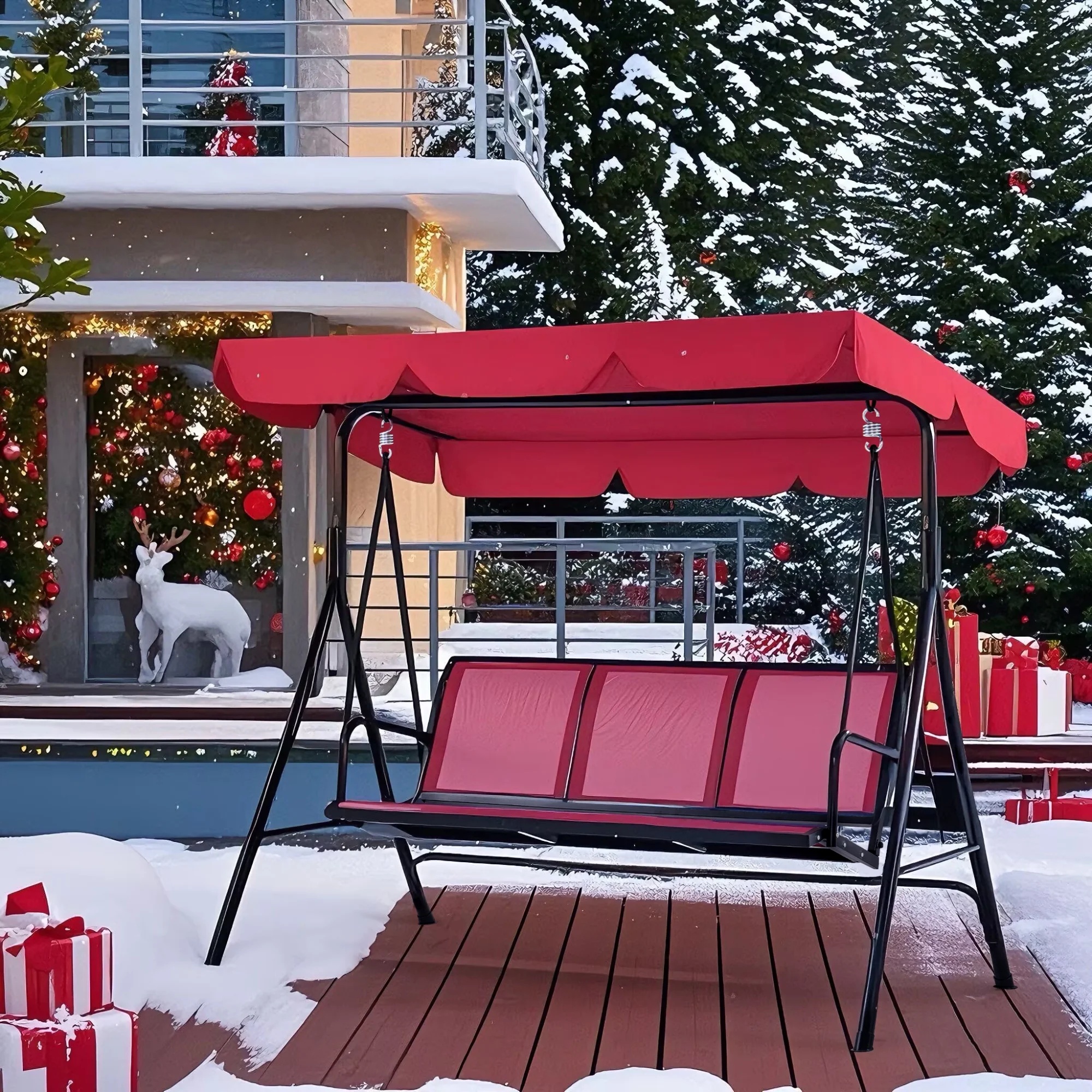 Mcombo Outdoor 3 Person Patio Canopy Swing Chair, Porch Swing, Burgundy - Image 2