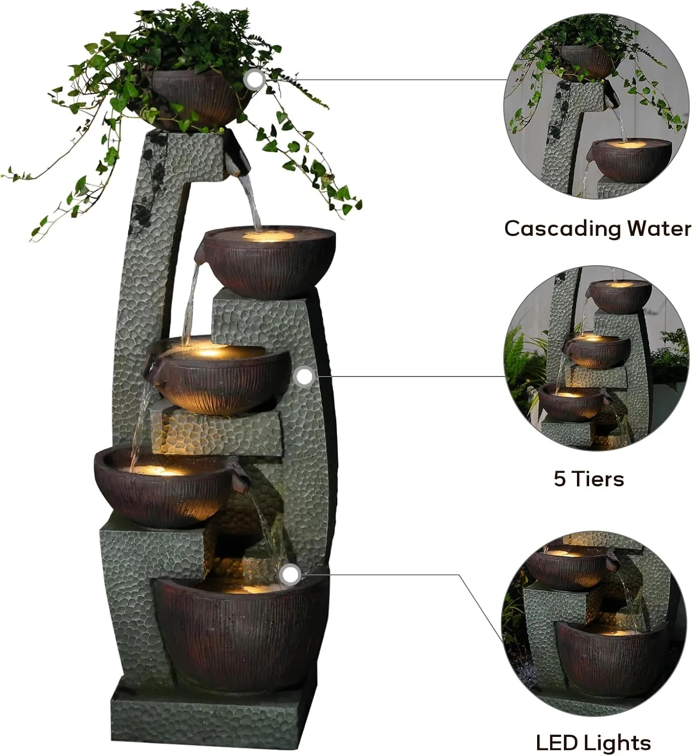 47.5" H Water Fountain Outdoor with LED Lights & Pump, 5-Tier Cascading Outdoor Fountain for Garden,Patio,Porch,Backyard,Home Art Decor Gifts for Housewarming - Image 3