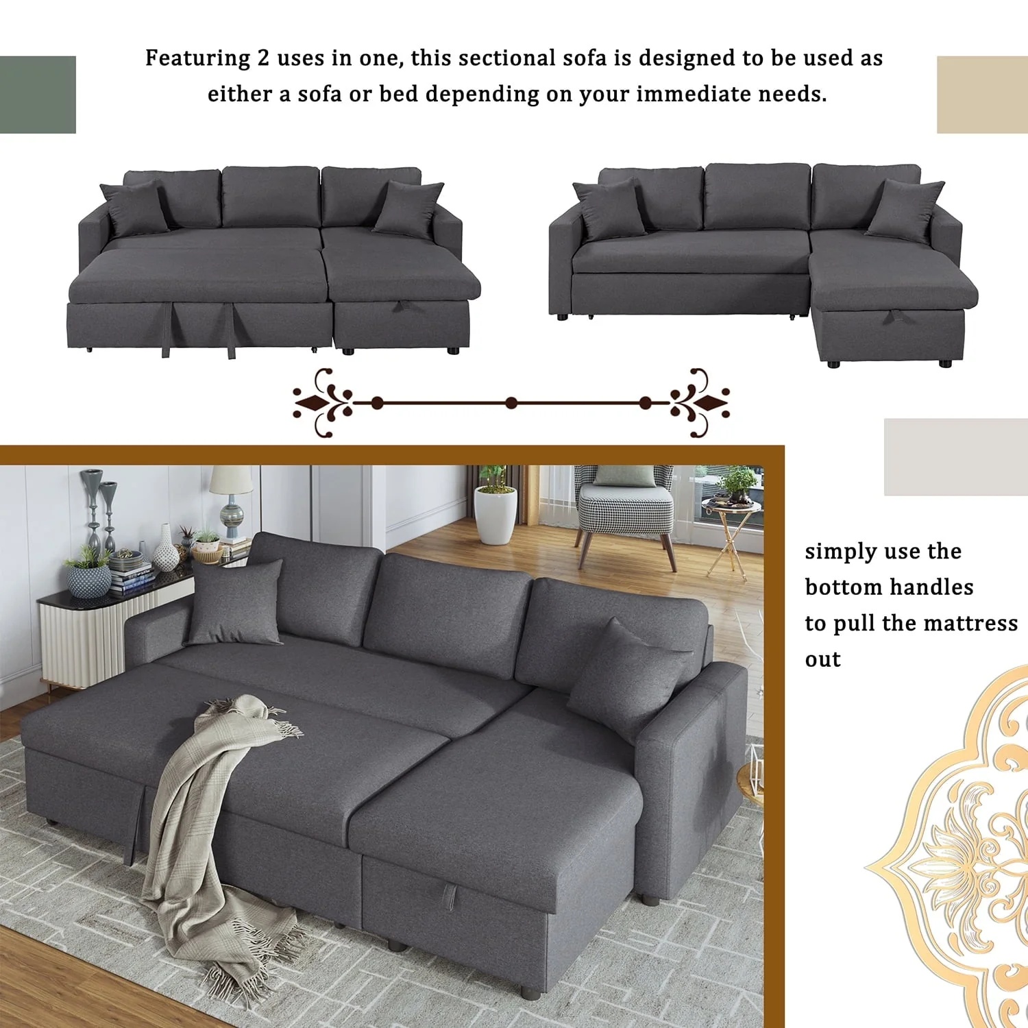 Churanty Upholstery Sleeper Sectional Sofa Pull Out Bed with Storage Chaise,Gray - Image 7