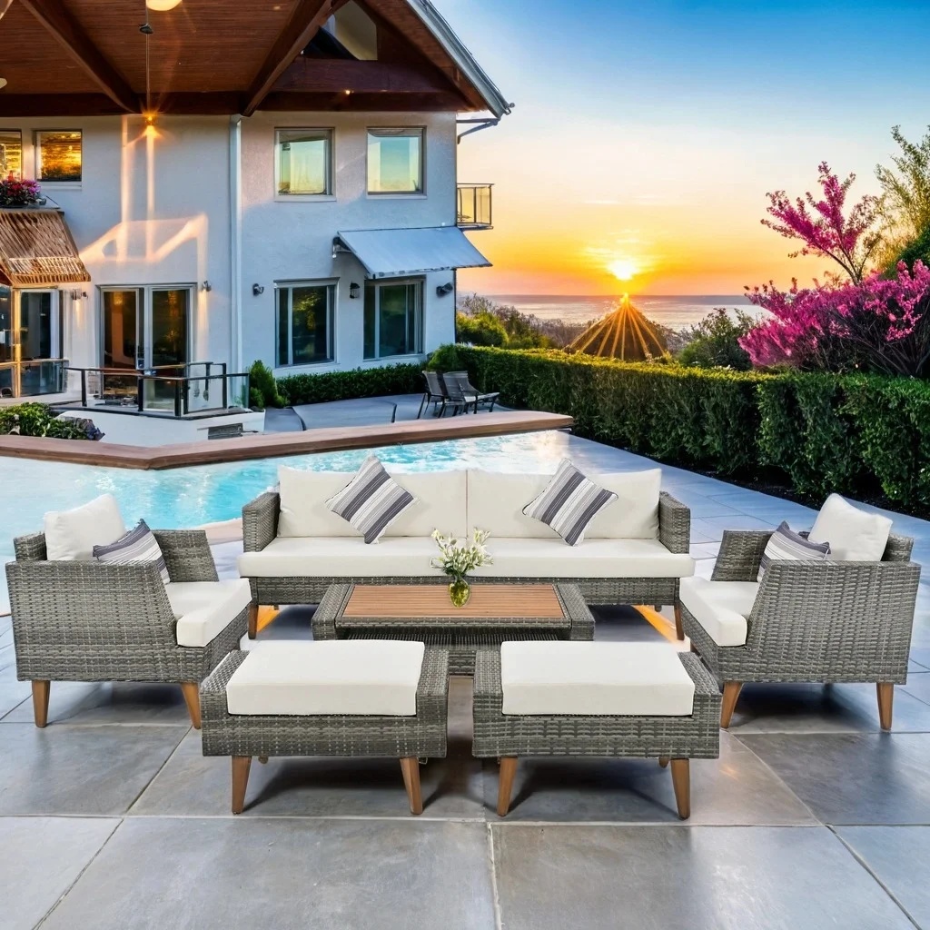 6 Pieces Wicker Patio Furniture Set Outdoor Conversation Set, All Weather PE Rattan Sectional Sofa Couch with Storage Table and Cushions, Beige - Image 15