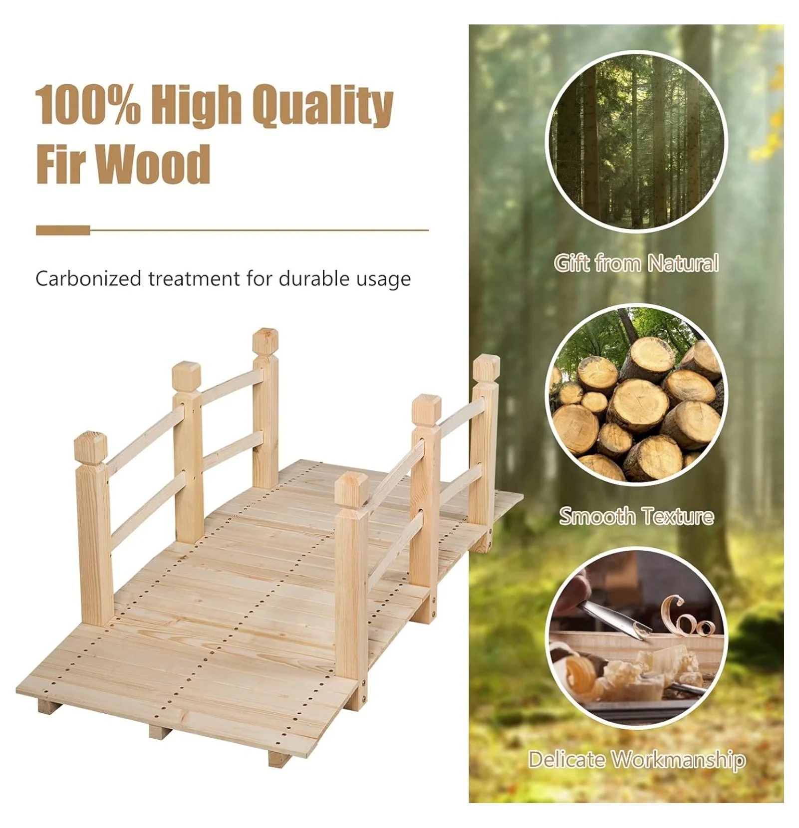 Garden Bridge, 5FT Wooden Arc Footbridge for Outdoors with Safety Guardrails, Decorative Landscaping for Garden Yard Walkway Creek Farm, 400 LBS Capacity (Natural Finished) - Image 3
