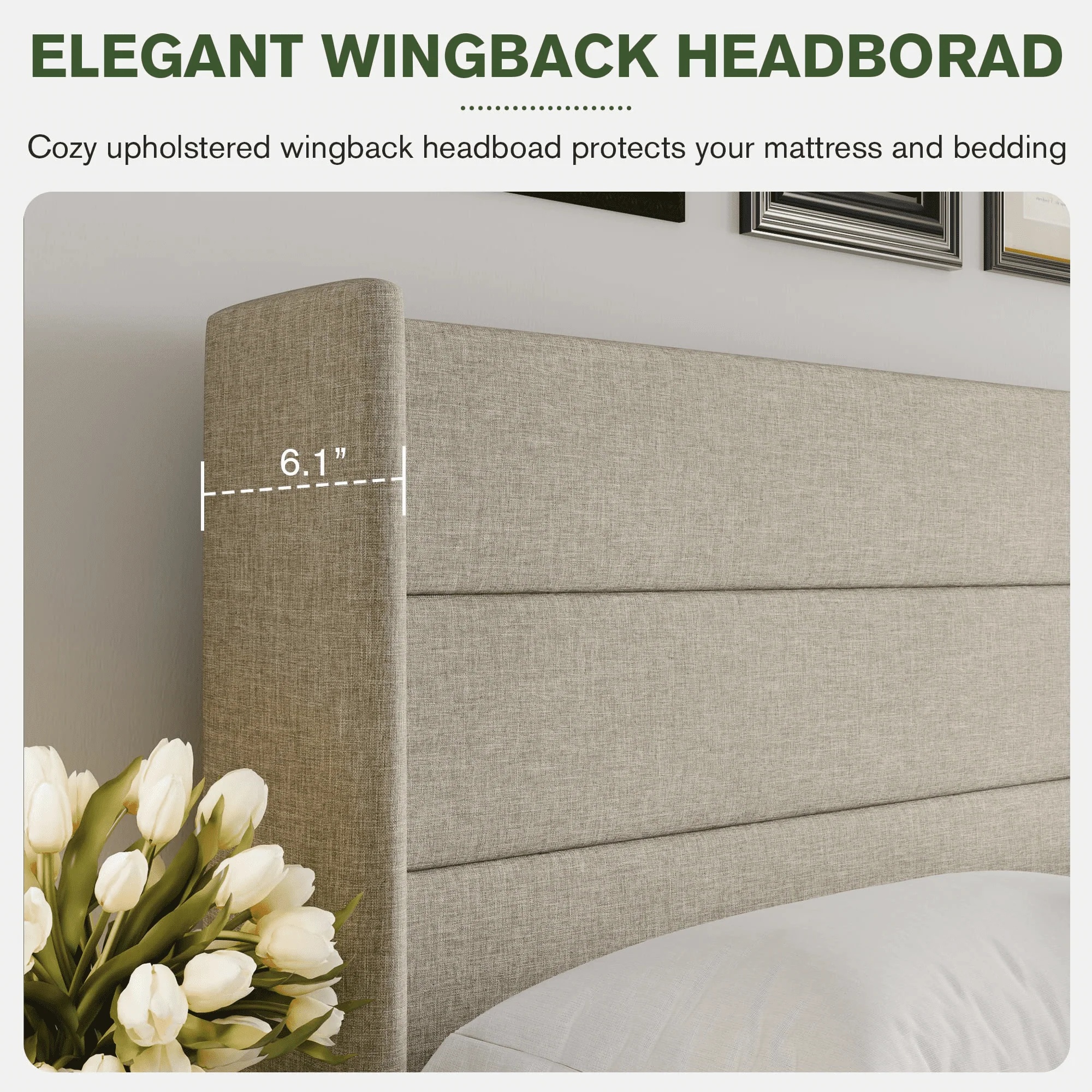 Einfach King Size Lift up Storage Bed with Wingbacks and Horizontal Channel Headboard, Beige - Image 5