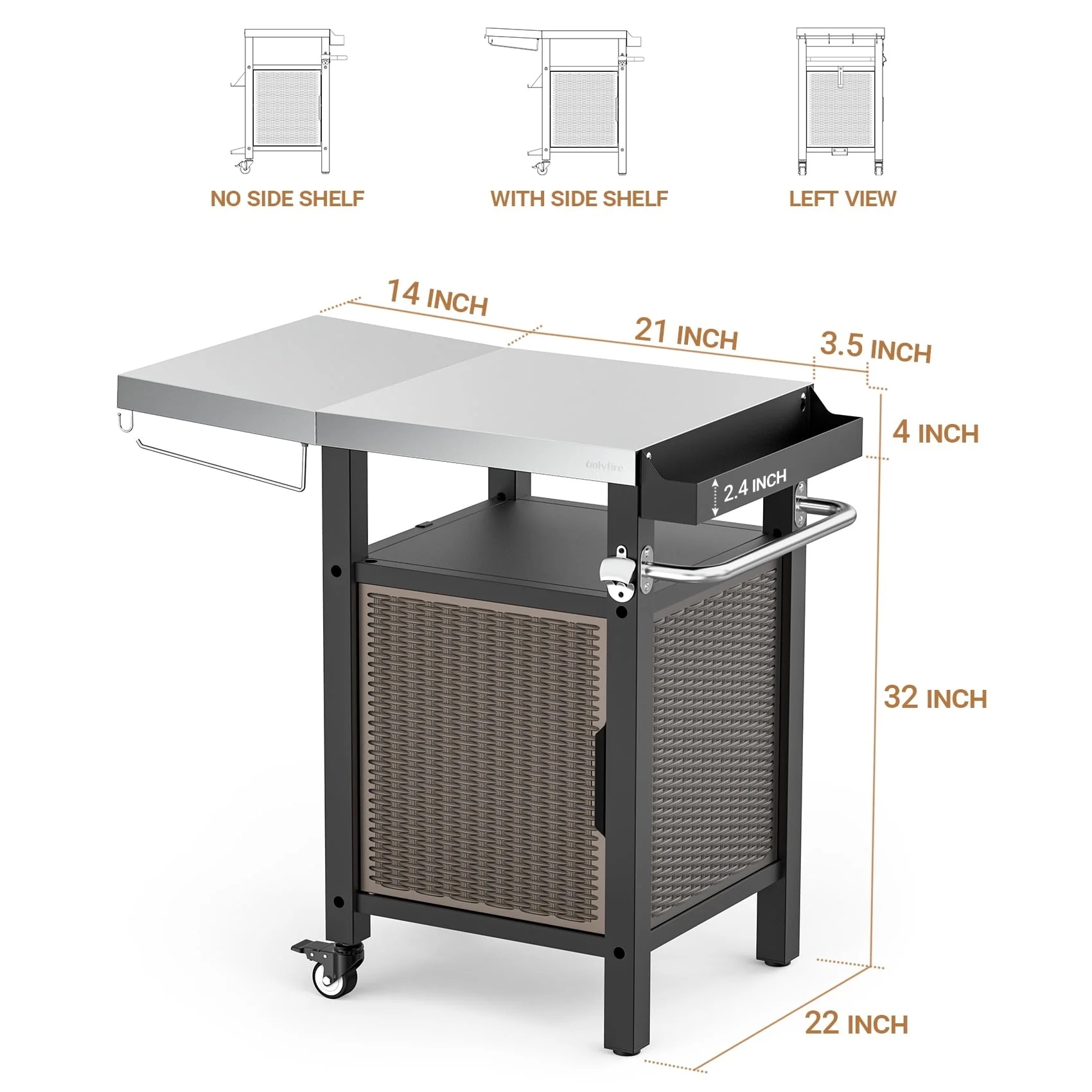 Only Fire Outdoor Grill Cart with Storage, Side Shelf & Wheels, Stainless Steel, 35"L×22"W×36"H - Image 6
