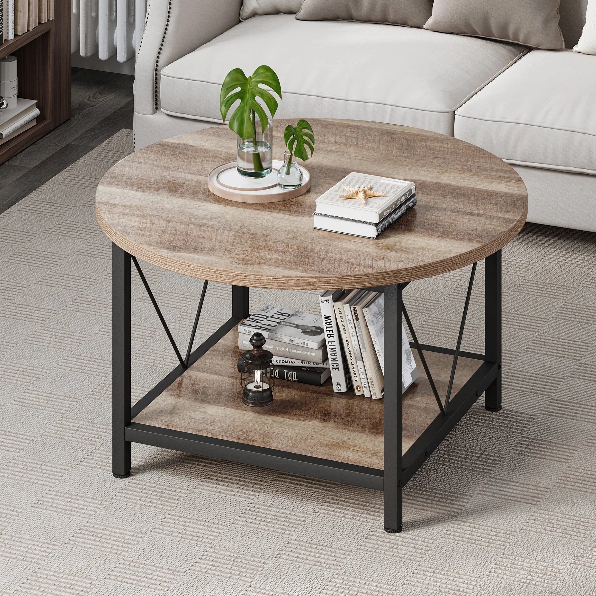 Dextrus Round Coffee Table with Storage, Rustic Living Room Tables with Sturdy Metal Legs, OAK - Image 5