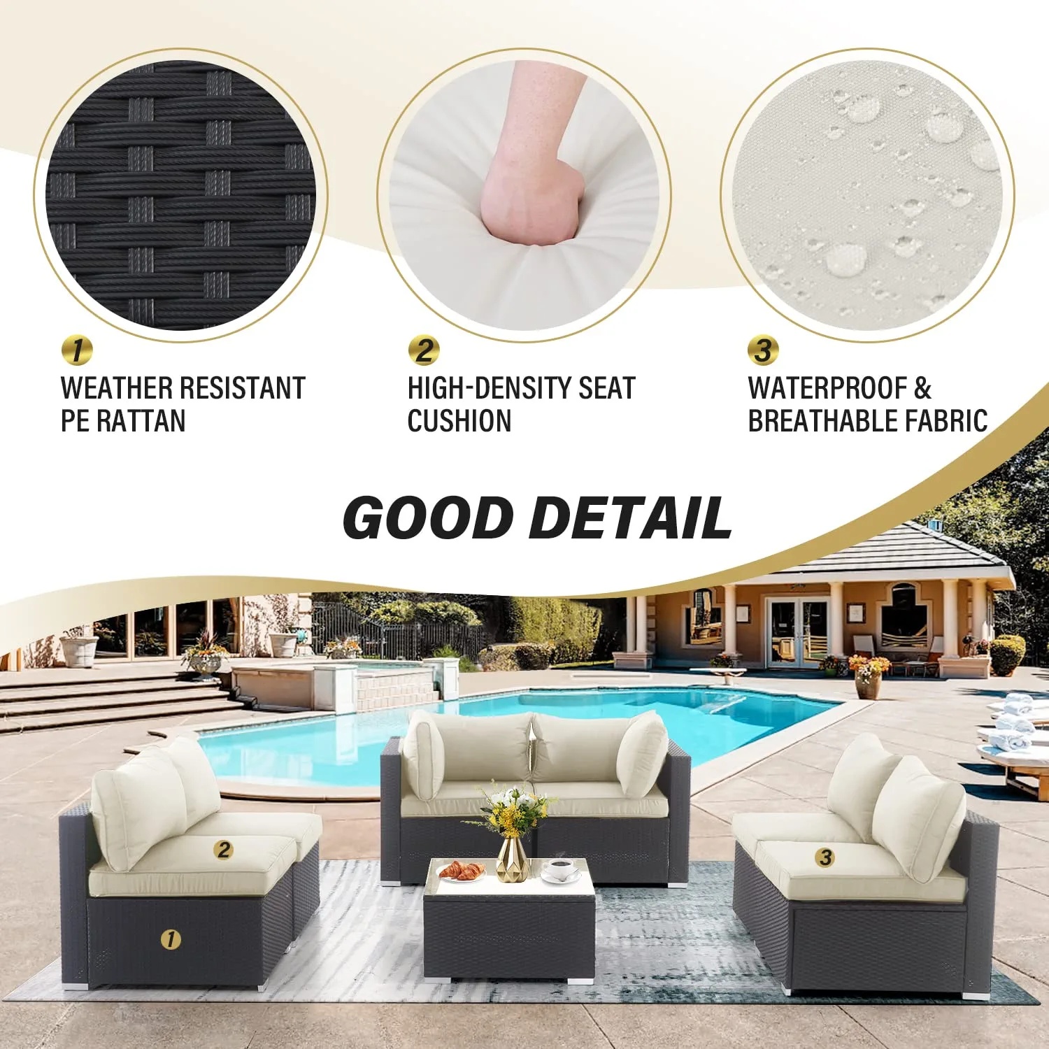 LAUSAINT HOME 7 Pieces Patio Conversation Set, Outdoor Sectional PE Rattan Wicker Furniture Seat (Beige) - Image 4