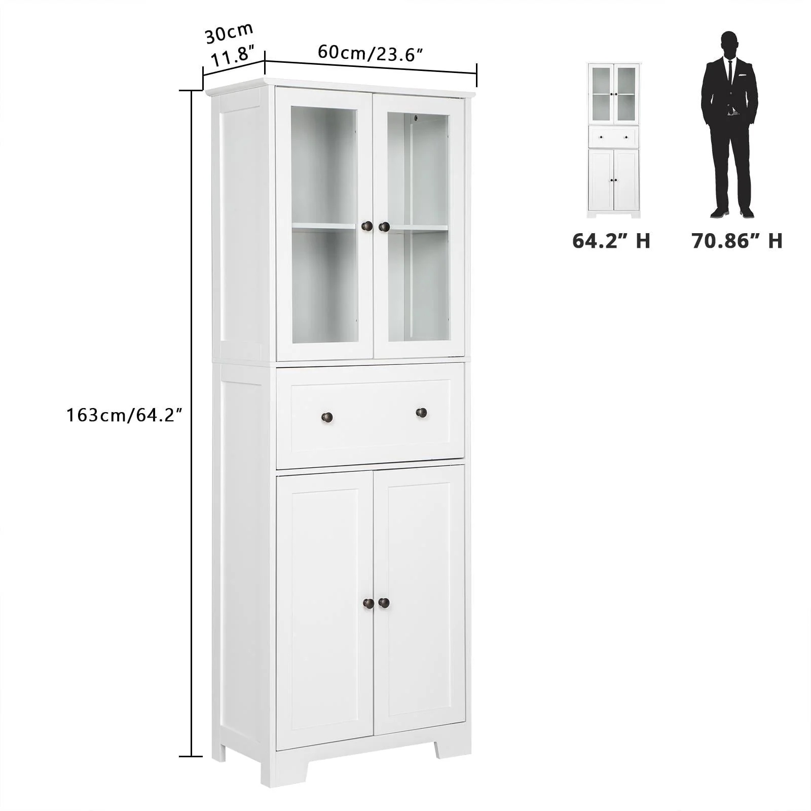Ktaxon 64" Tall Bathroom Storage Cabinet Organizer, Freestanding Kitchen Pantry Cabinet Line Tower with 2 Glass Doors, Large Drawer & 4 Adjustable Shelves for Dining Room Living Room Home Office,White - Image 7