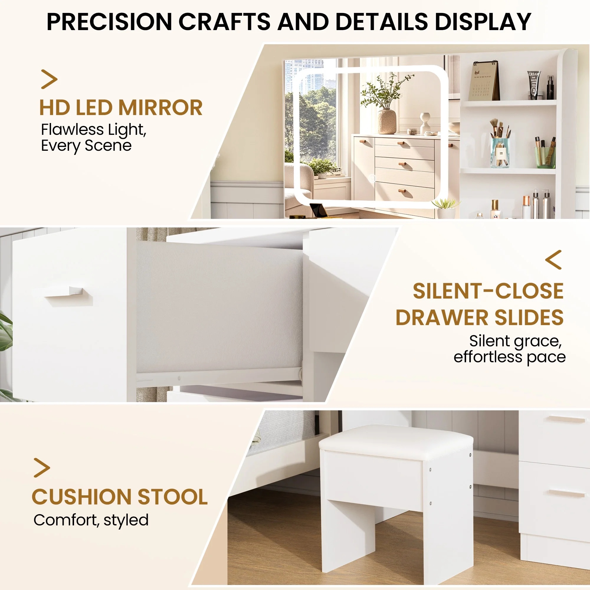 LIVELYGLOW Vanity Desk with Mirror and Lights, Makeup Vanity with Drawer & Storage Shelves, Cabinet, 3 Lighting Modes Adjustable Brightness,White - Image 36