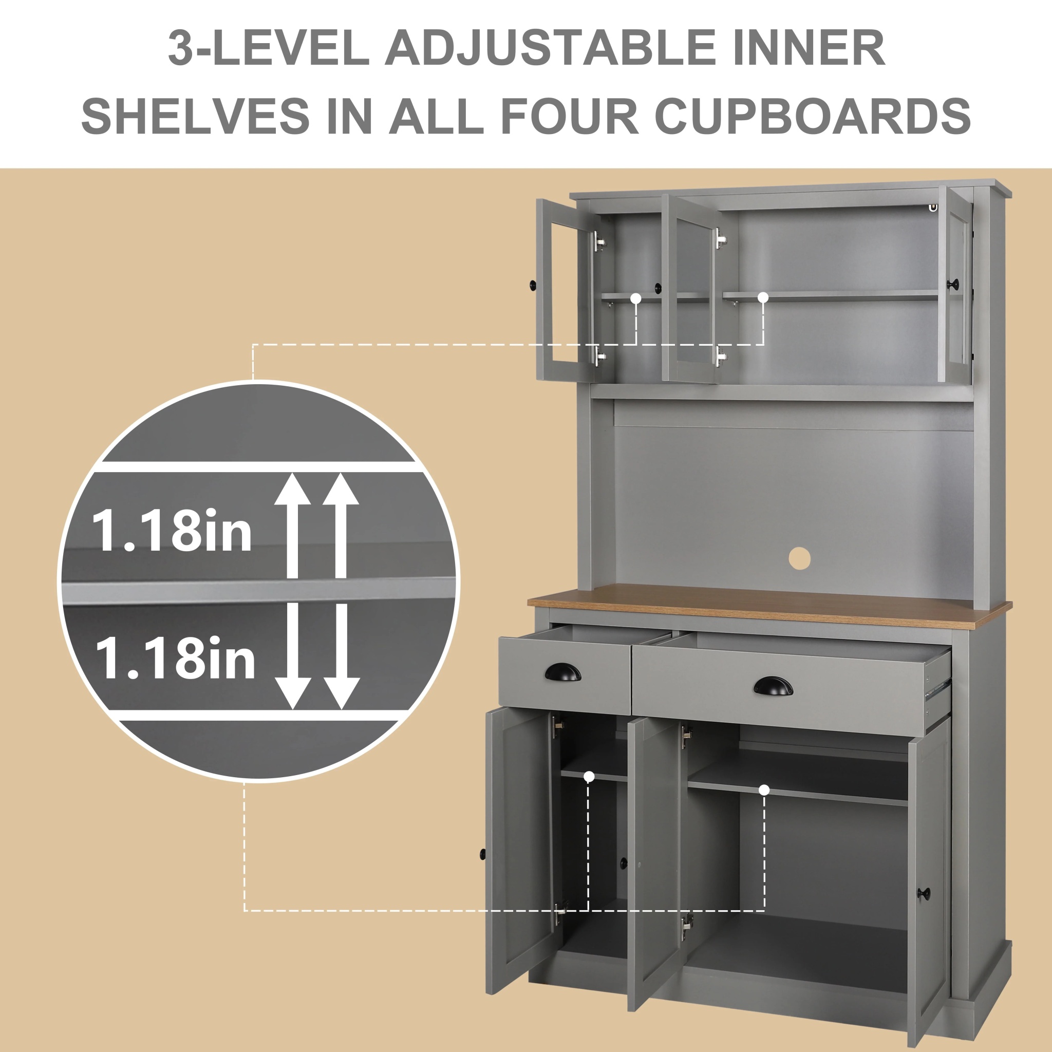 VEIKOUS 71'' Kitchen Pantry Hutch Cabinet, Pantry Storage Hutch w/Microwave Stand and Buffet Cupboard, Gray - Image 3