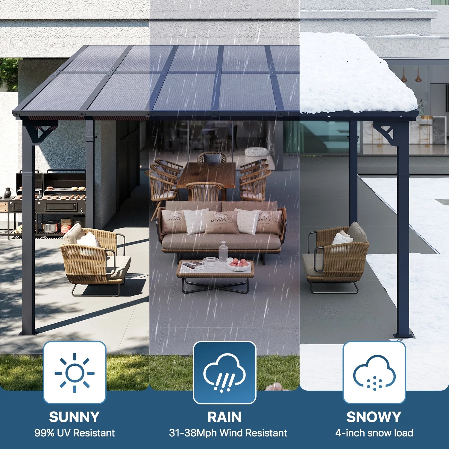 Sumnthink 10'x12' Gazebo for Patio, Gazebo Pergola with Sloped Roof, Large Wall-Mounted Heavy Duty Awnings, for Patio, Deck and Backyard - Image 9