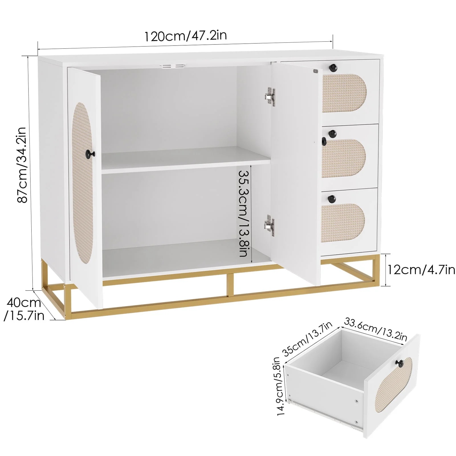 Homfa 3 Drawers Accent Storage Cabinet, 34.2"H Gold Buffet Sideboard with Rattan Doors for Living Room, White - Image 3