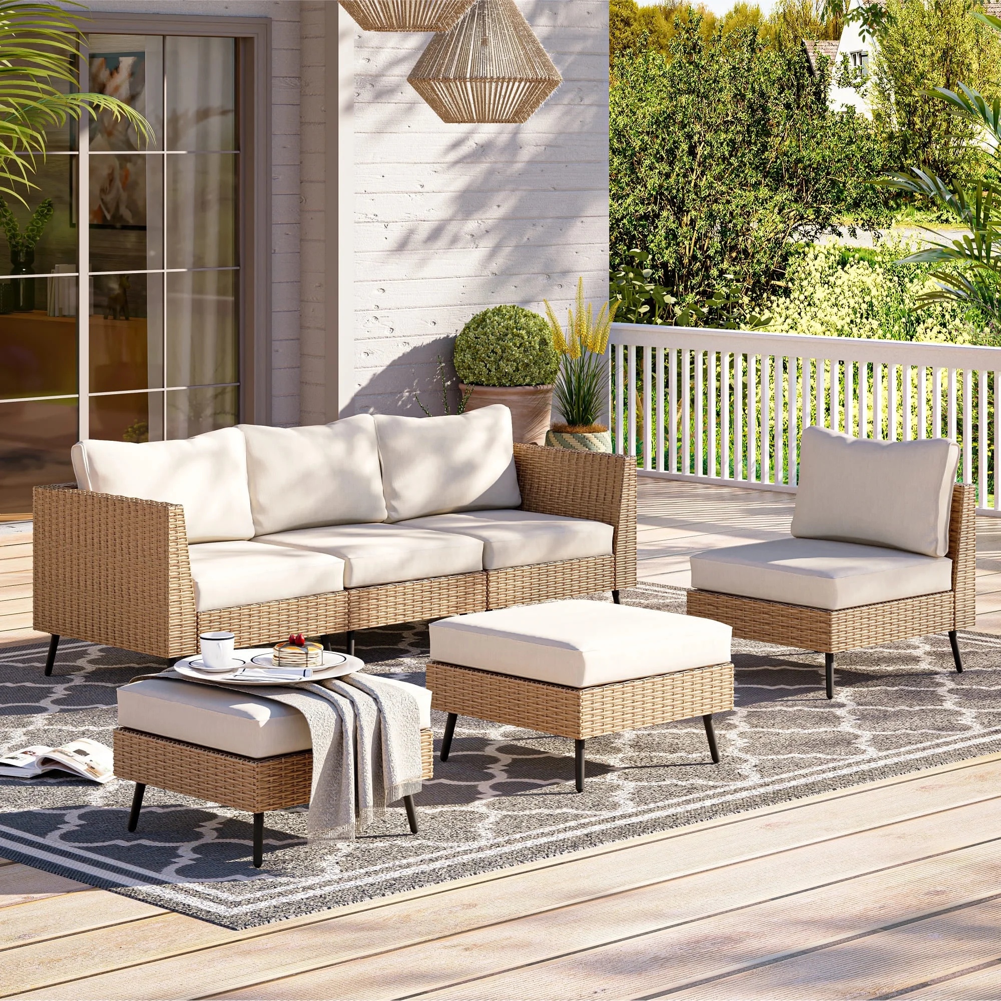 LAUSAINT HOME 6 Pieces Outdoor Furniture Set, Patio Rattan Wicker Sectionals with 4 Chairs and 2 Ottomans, Beige Cushions - Image 2