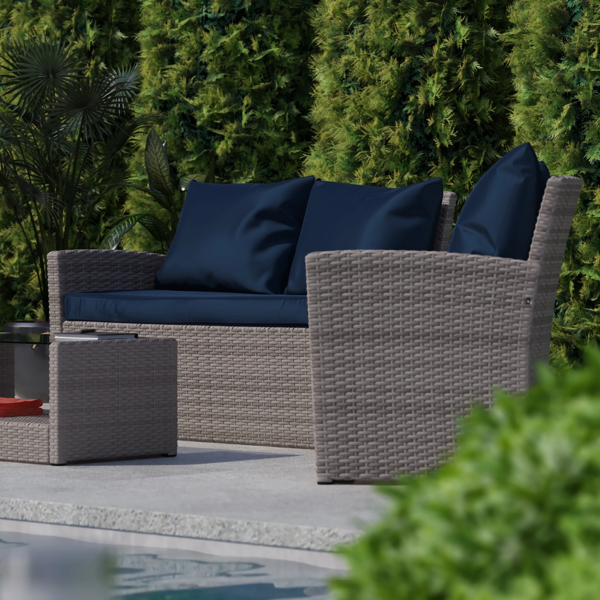 Flash Furniture Aransas Series 4 Piece Light Gray Patio Set with Navy Back Pillows and Seat Cushions - Image 4