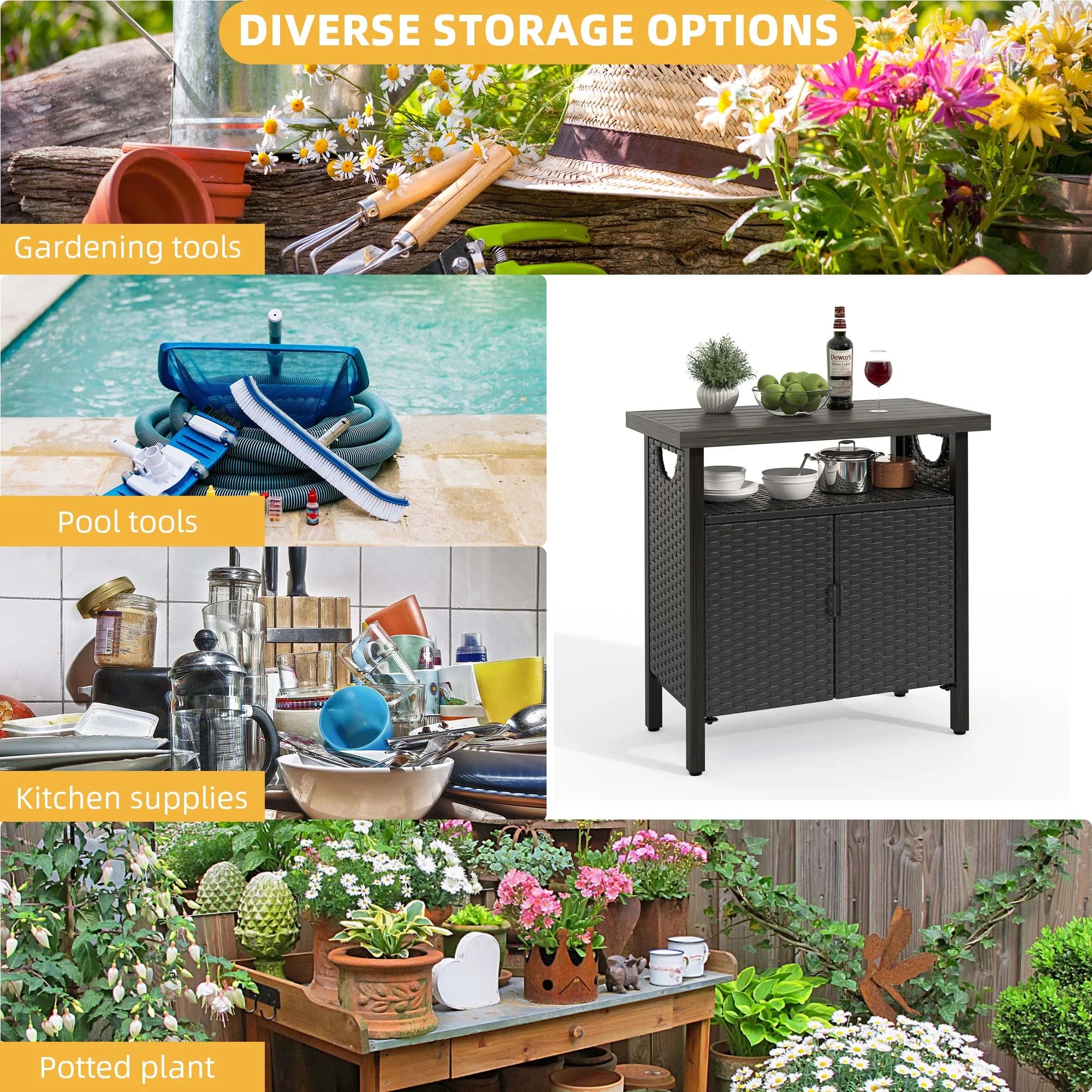 DWVO Outdoor Garden Patio Wicker Storage Cabinet with with 2 Doors and Shelves, Wicker Bar Table, Rattan Counter Table,Deck Box - Brown - Image 18