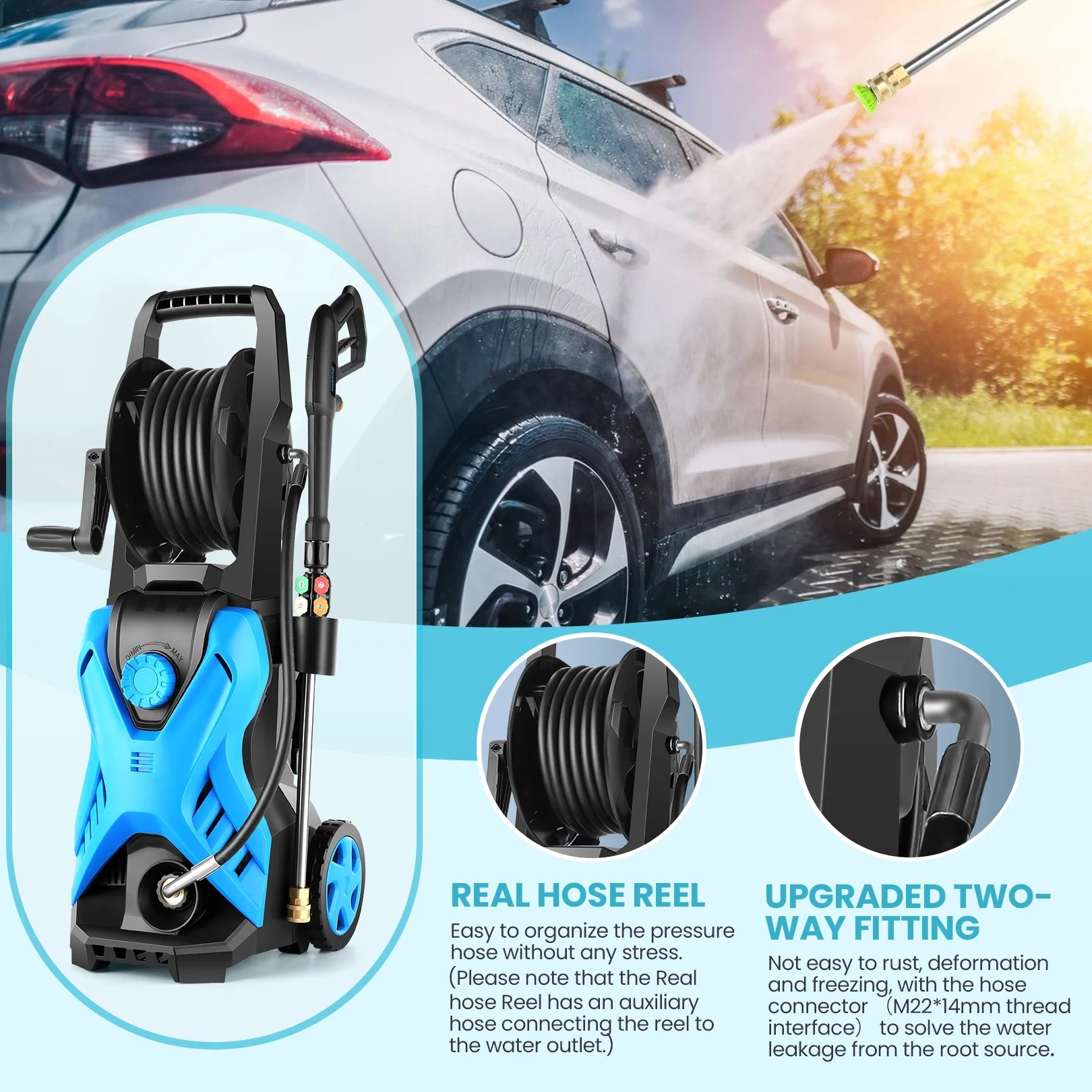 5000 Psi Electric Pressure Washer, 2.8 Gpm Power Washer with 33FT Extension Hose Reel, Pressure Adjustable (2500PSI-5000PSI), 4 Quick Connect Nozzles and Foam Cannon for Car/Fence/Patio(Blue) - Image 5
