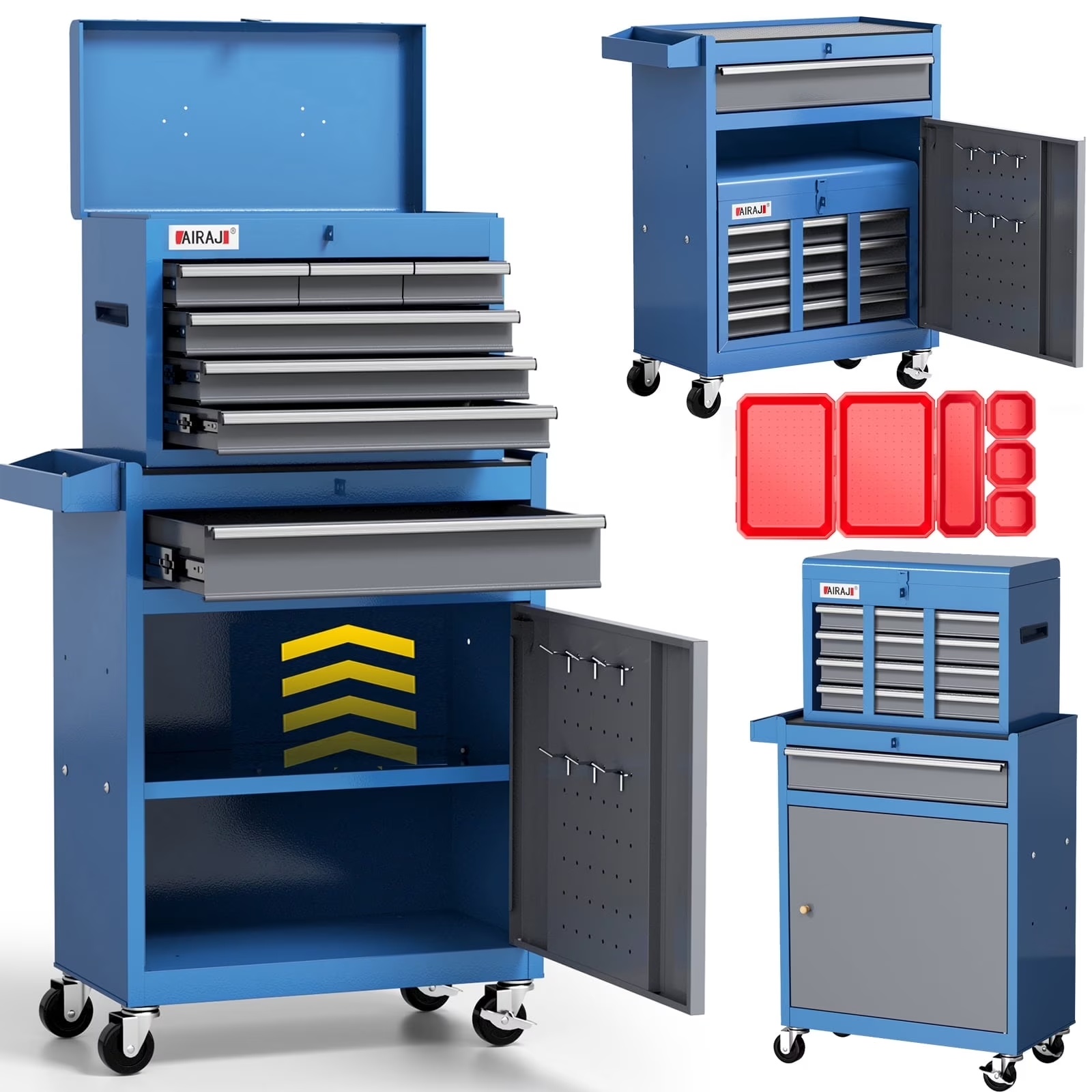 AIRAJ 7-Drawer 40 inch Large Rolling Tool Chest with Wheels | Detachable Top Metal Tool Box | Heavy Duty Toolbox Organizer with Hooks,Liners,Tray Divider