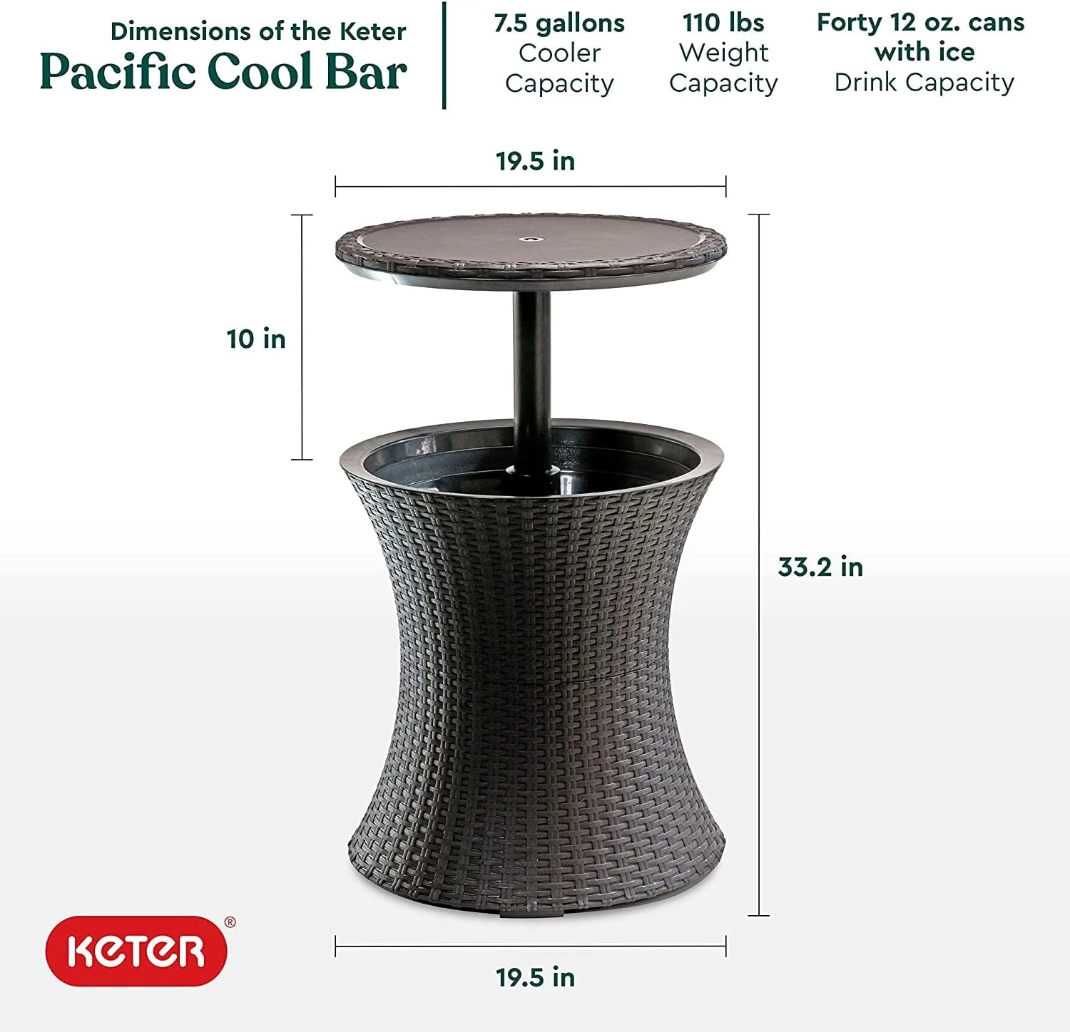 Keter Pacific 7.5 Gallon Cool Bar , Resin Outdoor Patio Beverage Cooler Table, Extra Storage, Rattan Look Brown - Image 3
