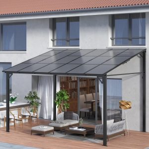 Pinypikaka 10'x12' Outdoor Hardtop Gazebo, Lean-to Pergola With Roof for Lawn Patio Deck Yard Party