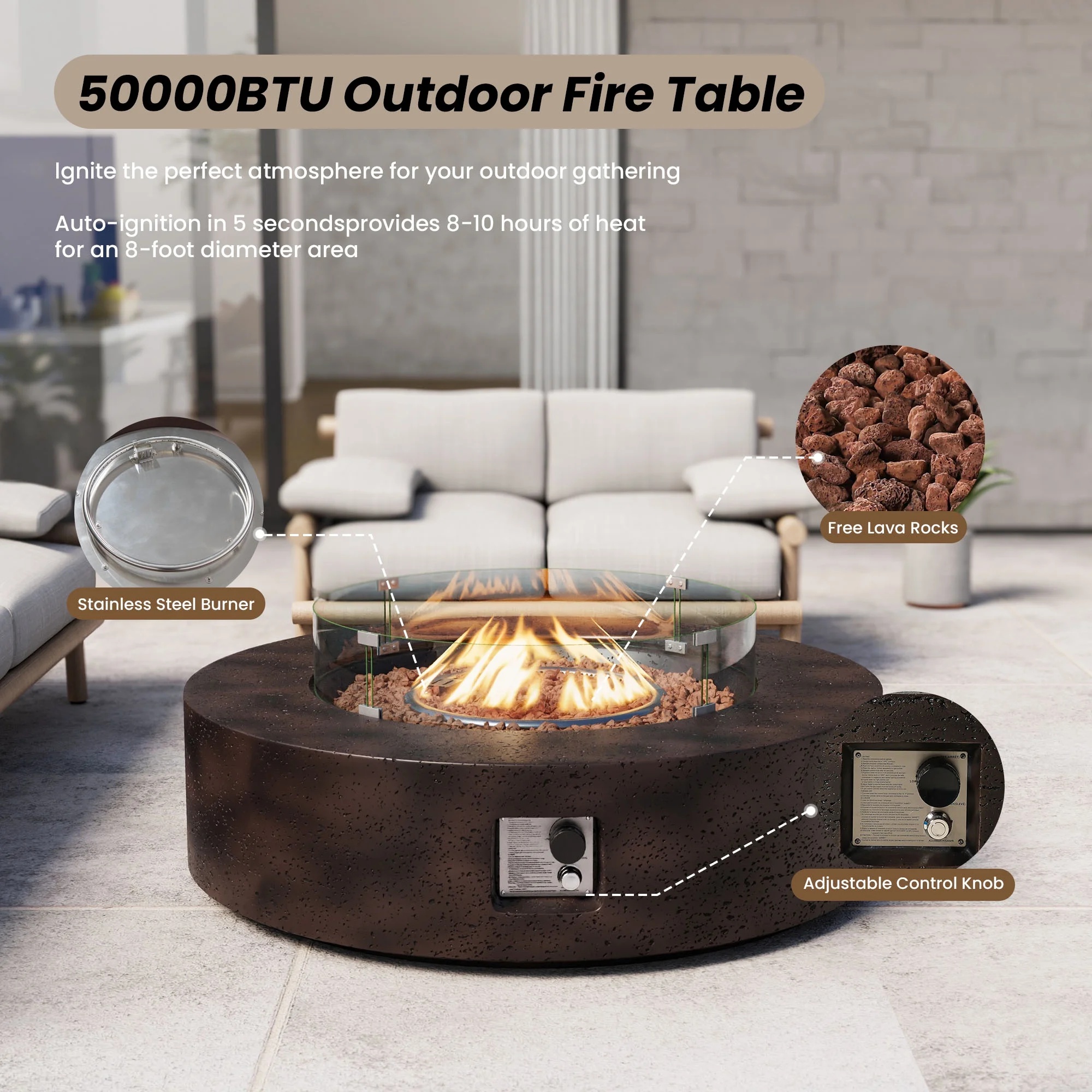 VENTOPYR 40.5-inch Outdoor Propane Fire Pit Coffee Table w Concrete Round Base Patio Heater, 50,000 BTU Stainless Steel Burner, Free Lava Rocks, Wind Guard, Rain Cover - Image 4
