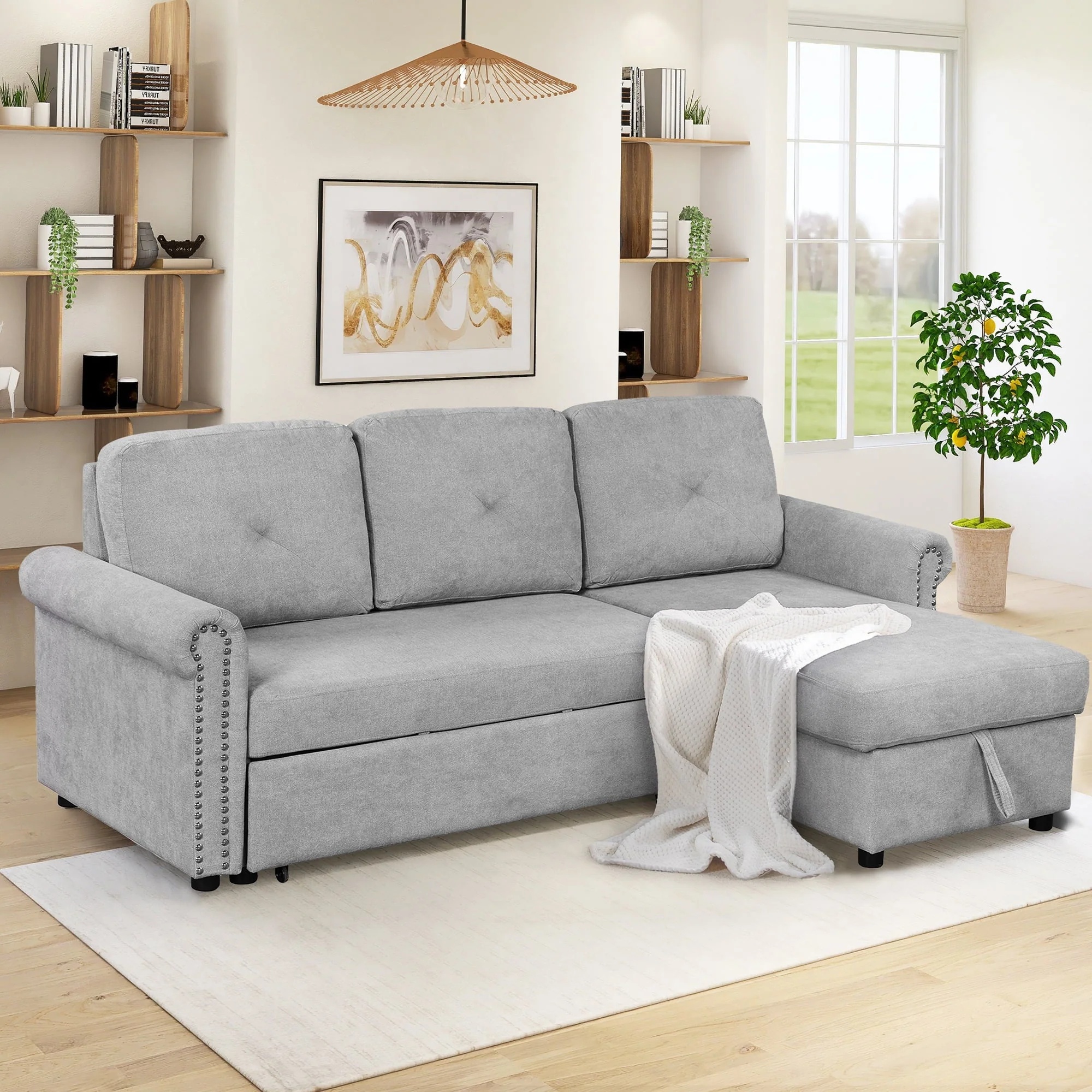 Euroco 83" L Shaped Sofa Bed Modern Convertible Sleeper Sofa Bed with Storage Chaise, Gray - Image 3