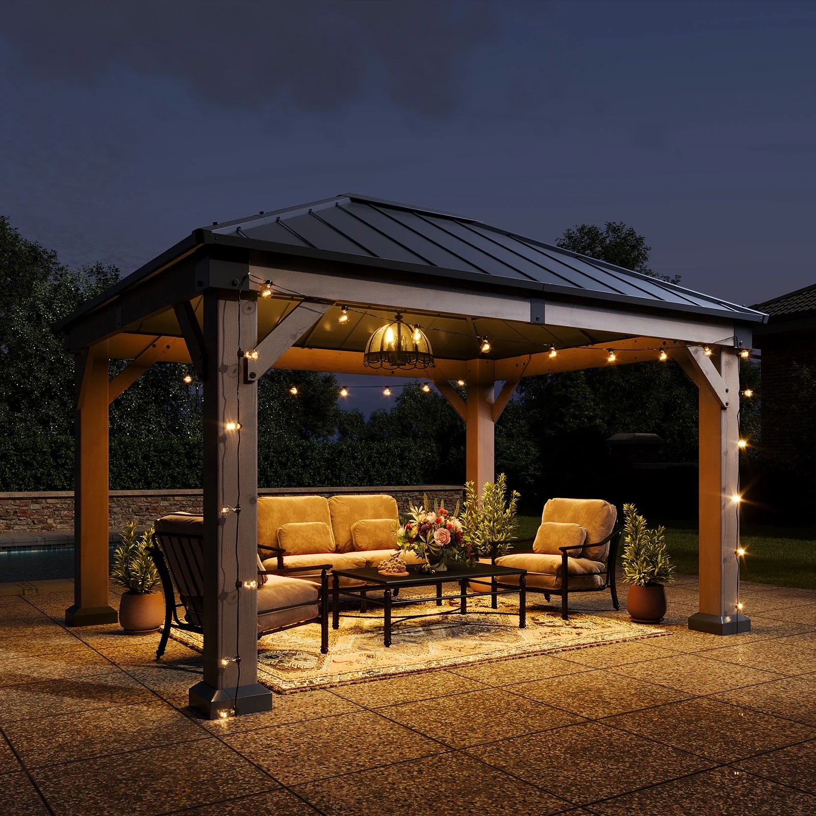 Aoxun 12' x 16' Outdoor Wood Gazebo, Hardtop Gazebo Permanent Wooden Pavilion with Galvanized Steel Double Roof, for Patio, Garden, Backyard, Cedar Wood - Image 25
