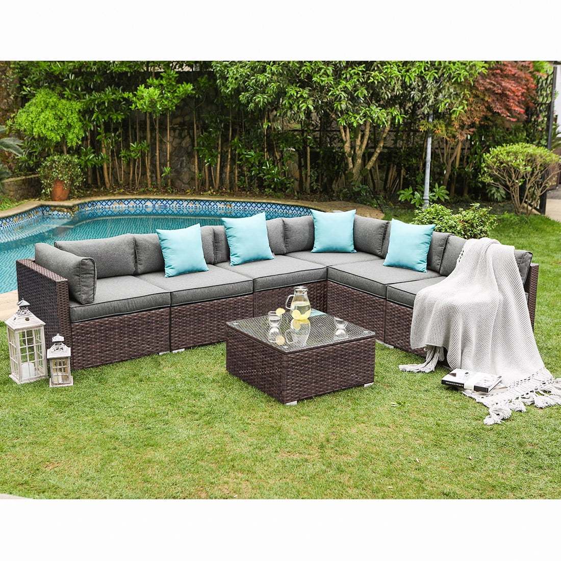 COSIEST 7-Piece 6-Seats Outdoor Brown Wicker Patio Sectional Sofa Set with Coffee Table - Image 5