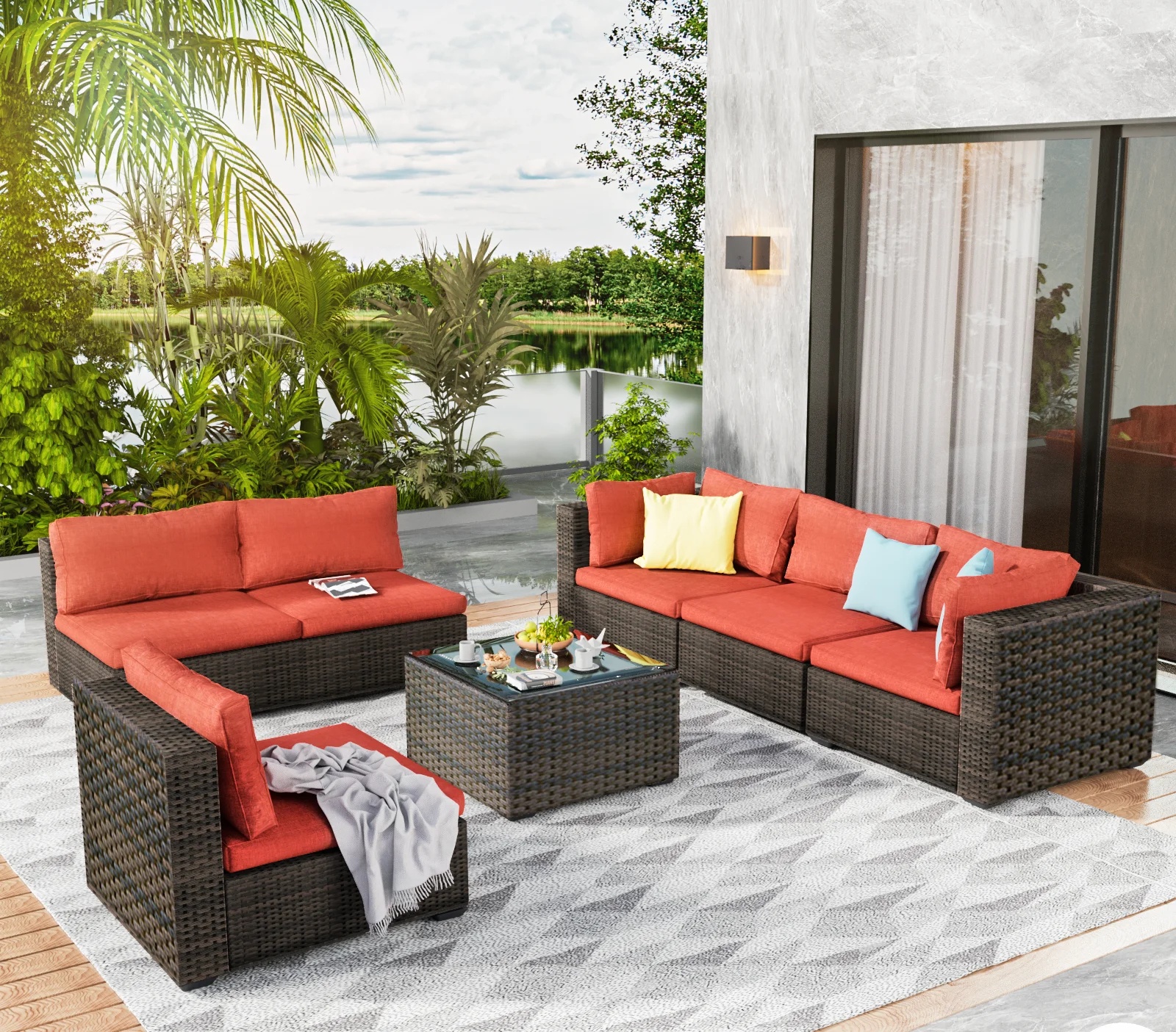 Grezone 7 Patio Outdoor Furniture Wicker Sectional Sofa Couch Lawn Sectional, Black - Image 26