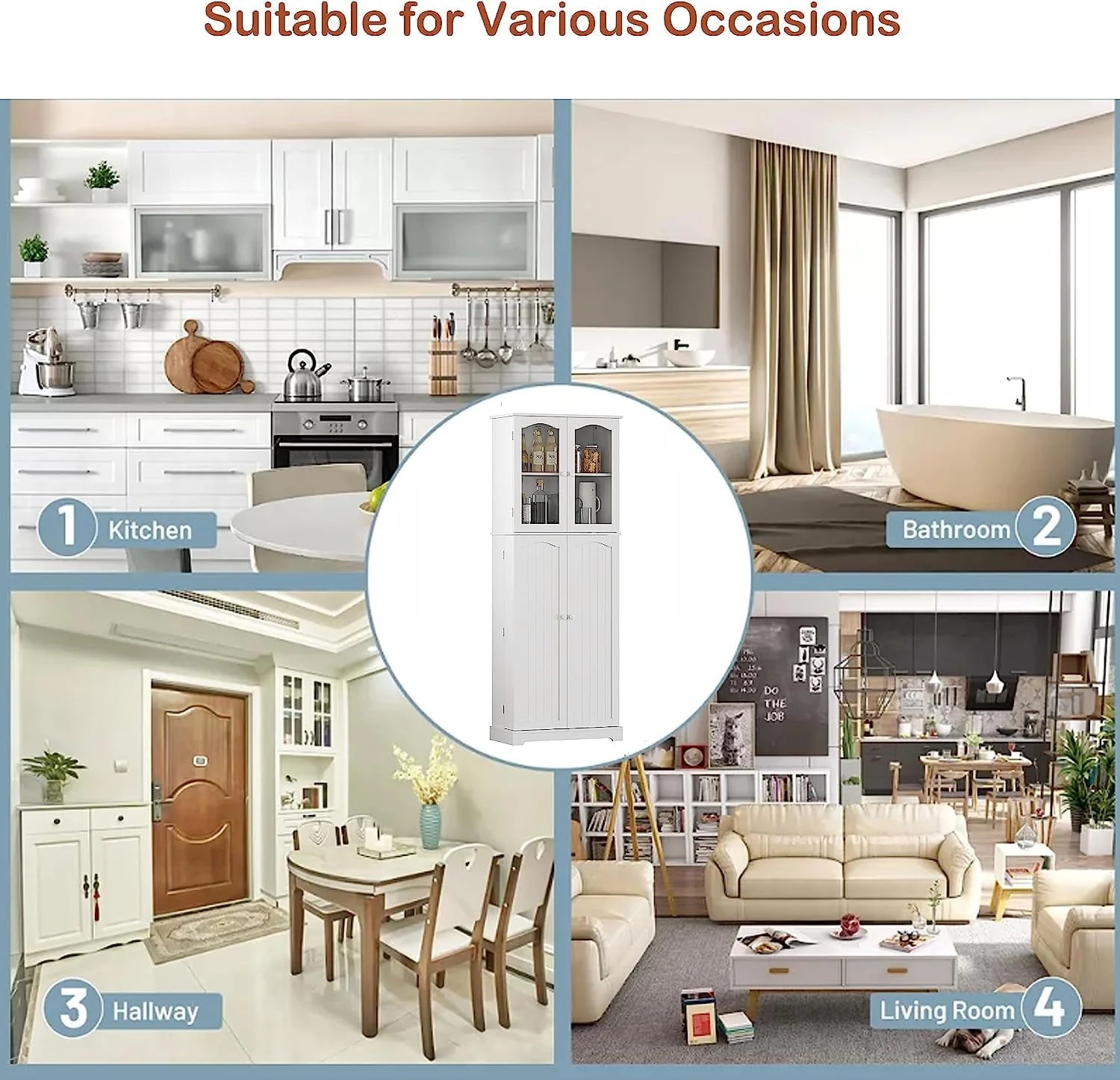 HOMEFORT 64" Kitchen Pantry Cabinet, Modern Tall Cabinet with MDF board and Adjustable Shelves, Freestanding Utility Storage Cabinet Cupboard for Kitchen, Living Room, Dining Room, White - Image 7