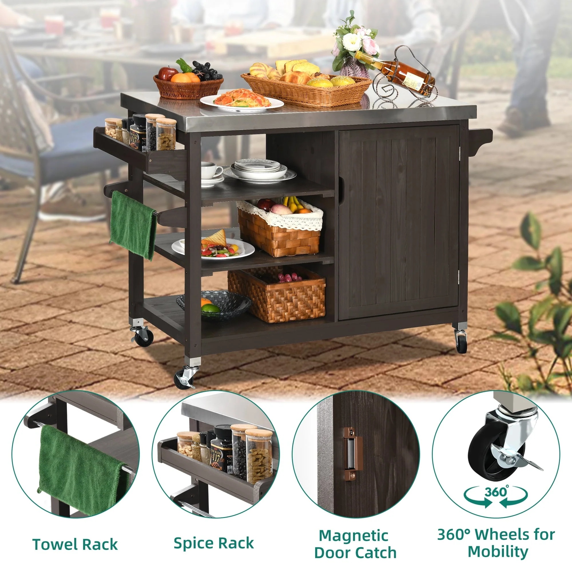Dextrus Grill Carts Outdoor With Storage Cabinet and Wheels, Solid Wood Movable Dining Cart Table,with Stainless Steel Top, Spice Rack, and Side Handle, Kitchen Island with Storage or Bar Cart, Brown - Image 3