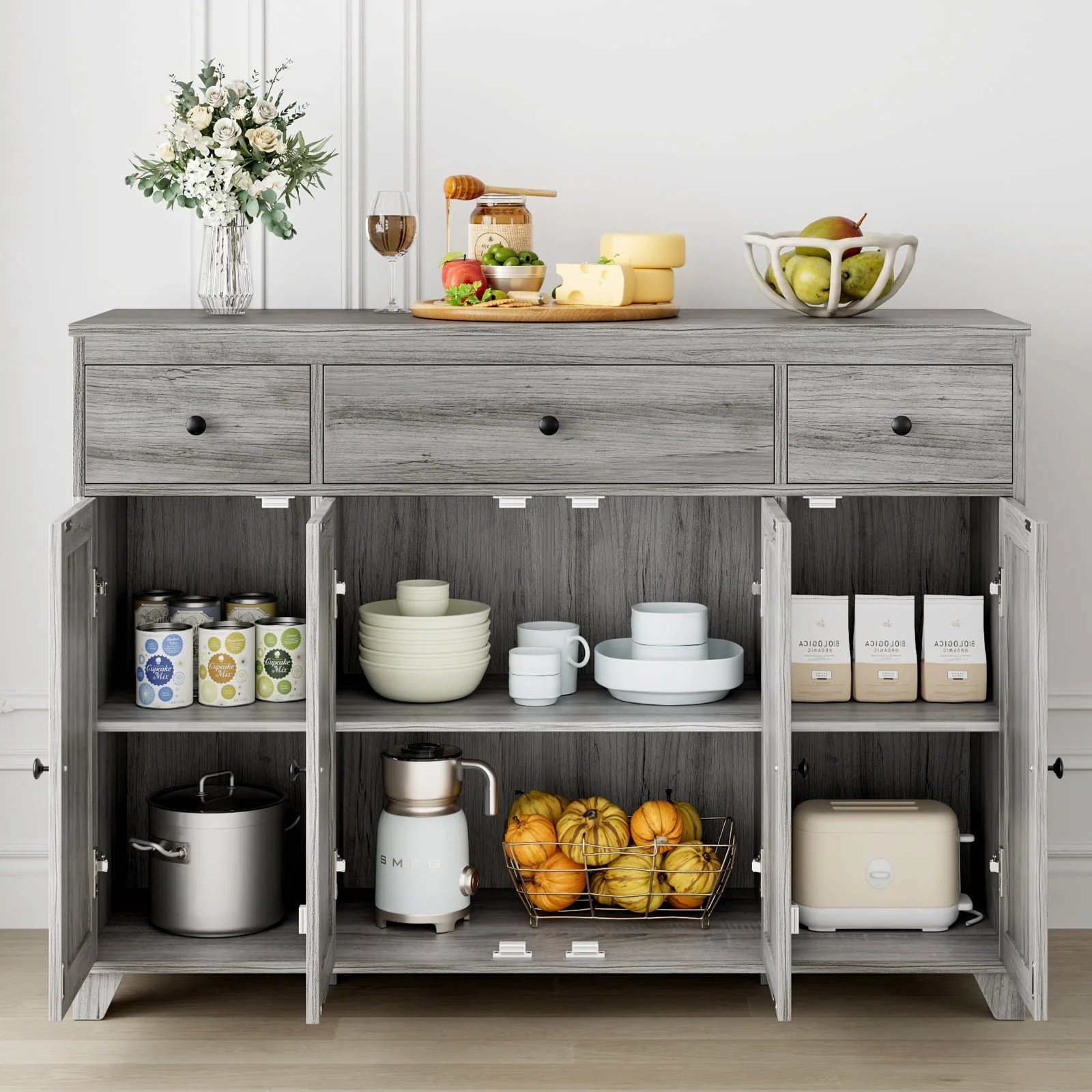 Homfa Buffet Sideboard, Wooden Storage Cabinet with Drawers & Doors, Wide Buffet Cabinet for Dining Room, Gray - Image 3